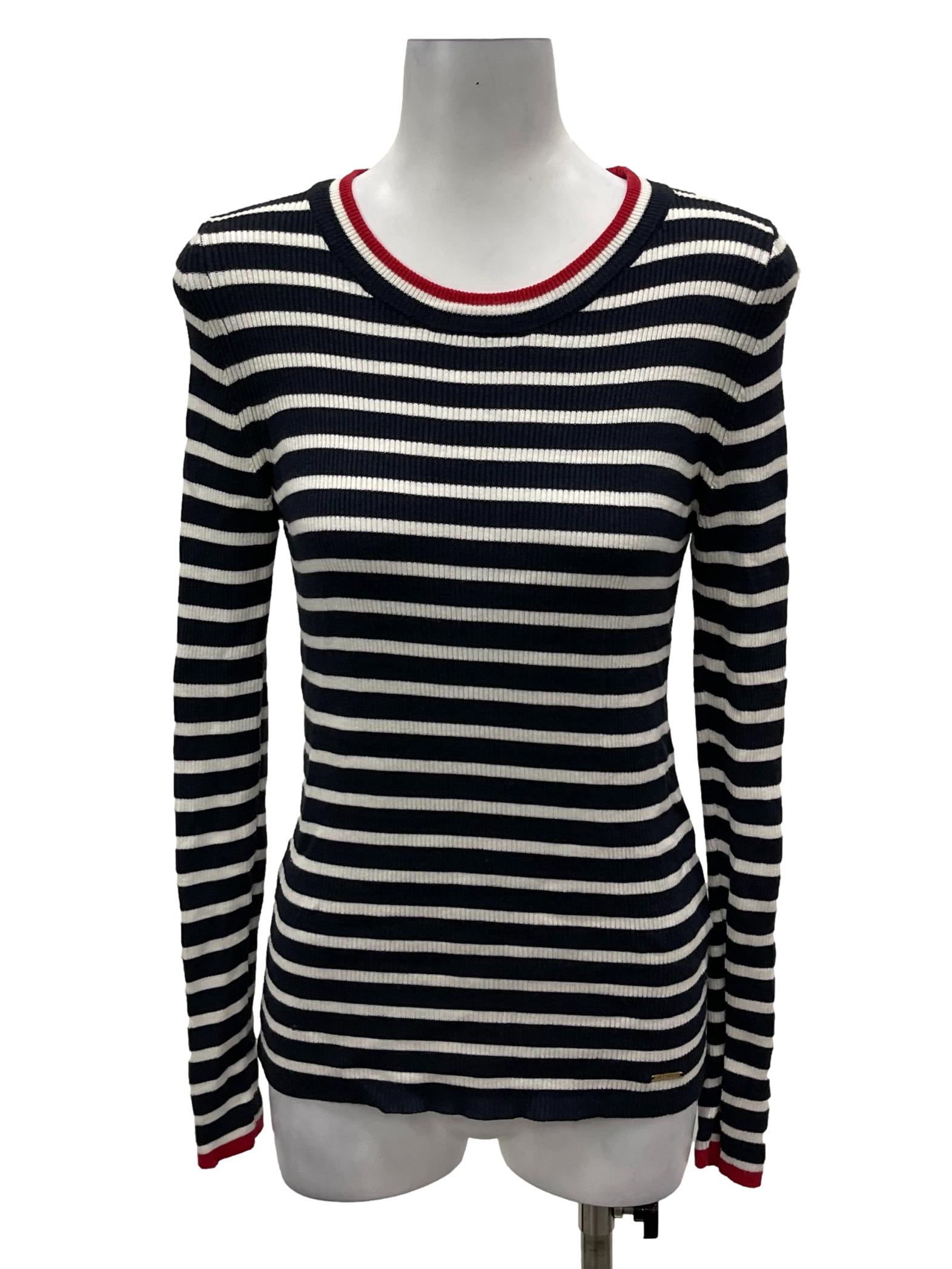 Navy Blue Striped Crewneck Sweater