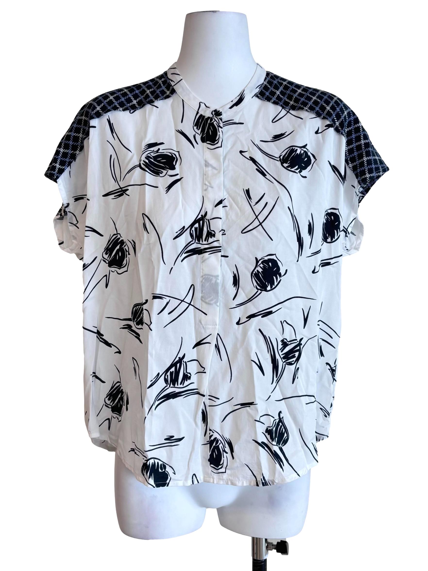 White Prints Cap Sleeve Half Button Top