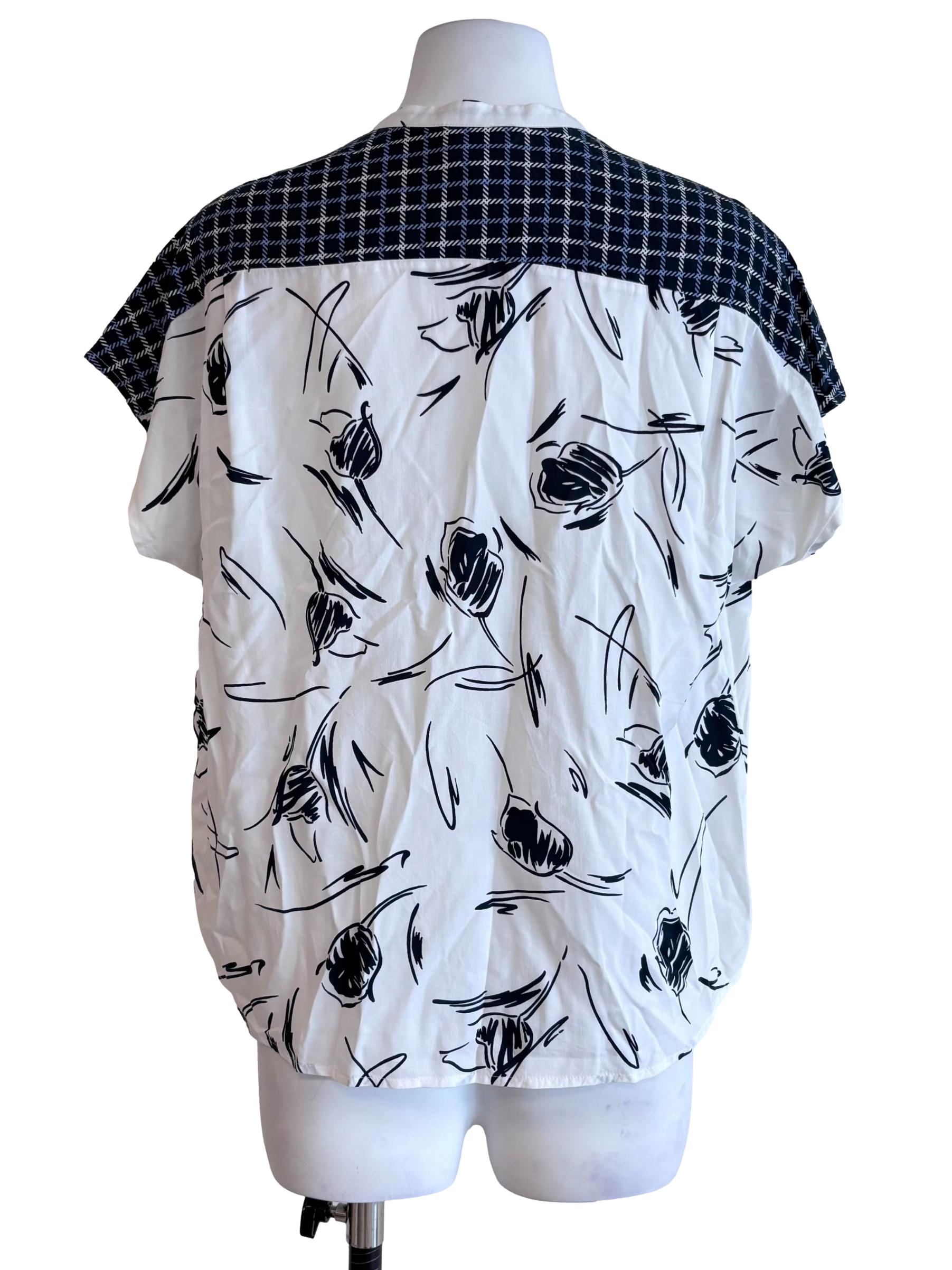 White Prints Cap Sleeve Half Button Top