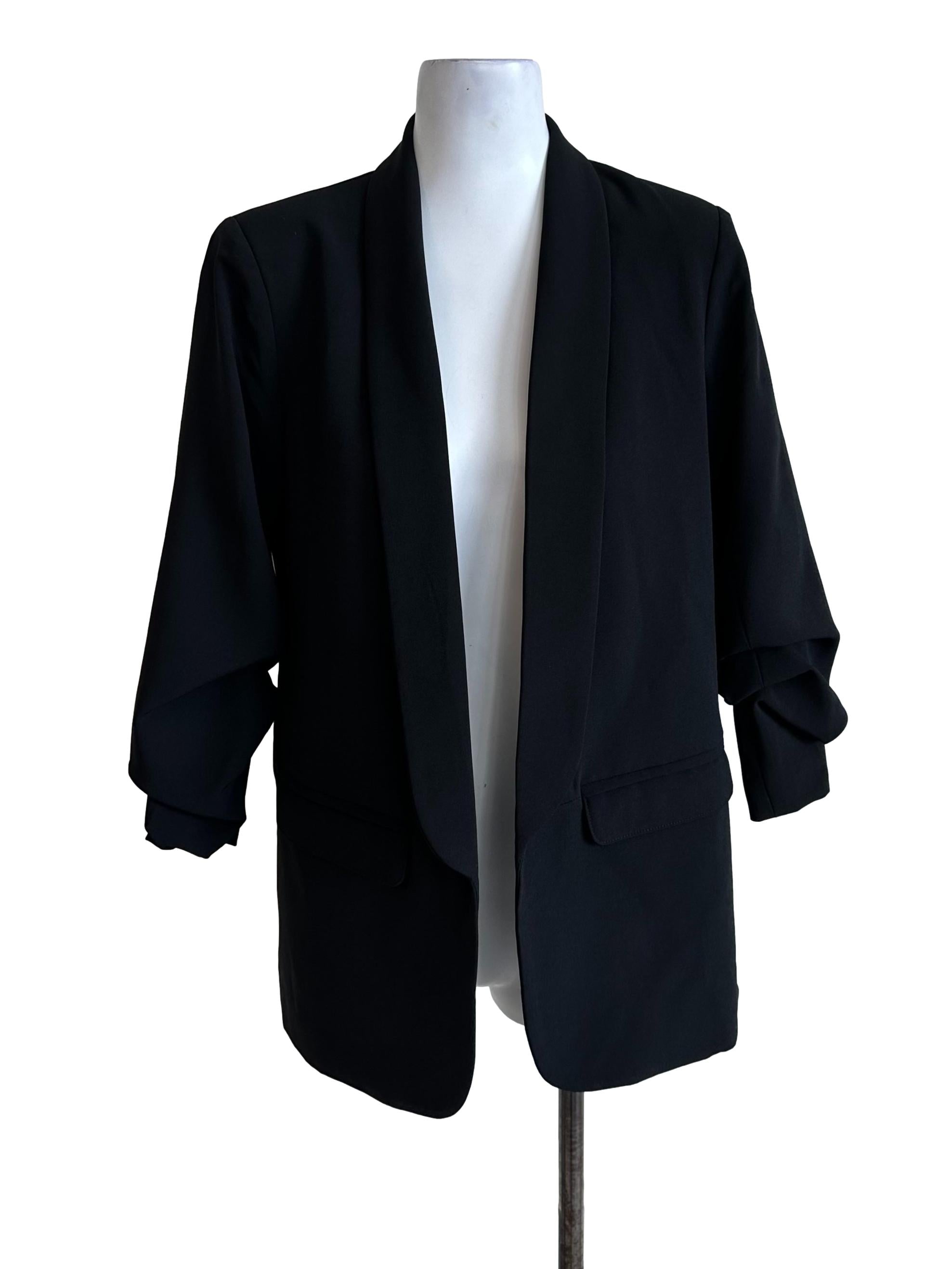 Raven Black Front Open Ruched Sleeve Blazer