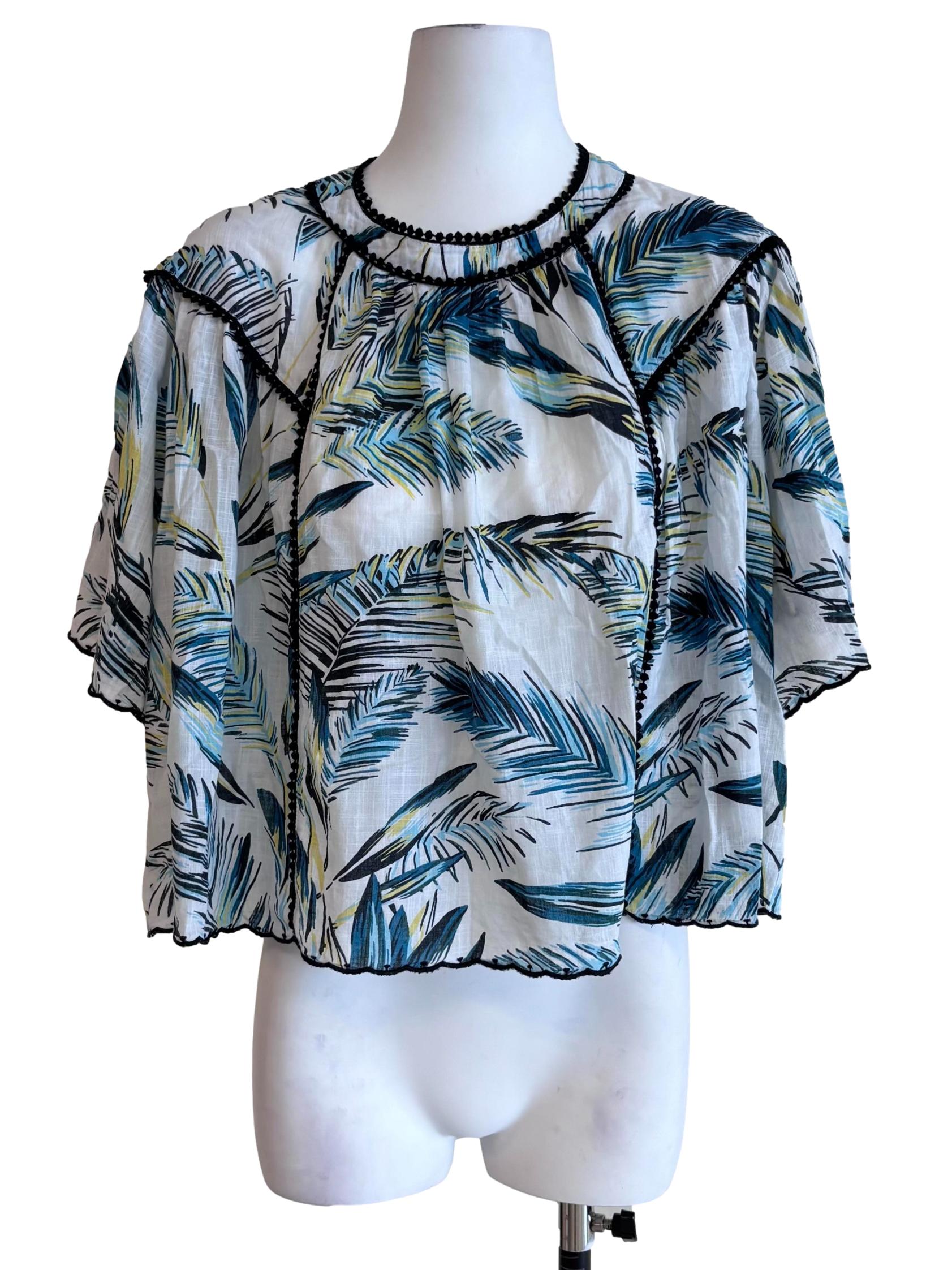 White Blue Prints Lace Hem Sheer Blouse