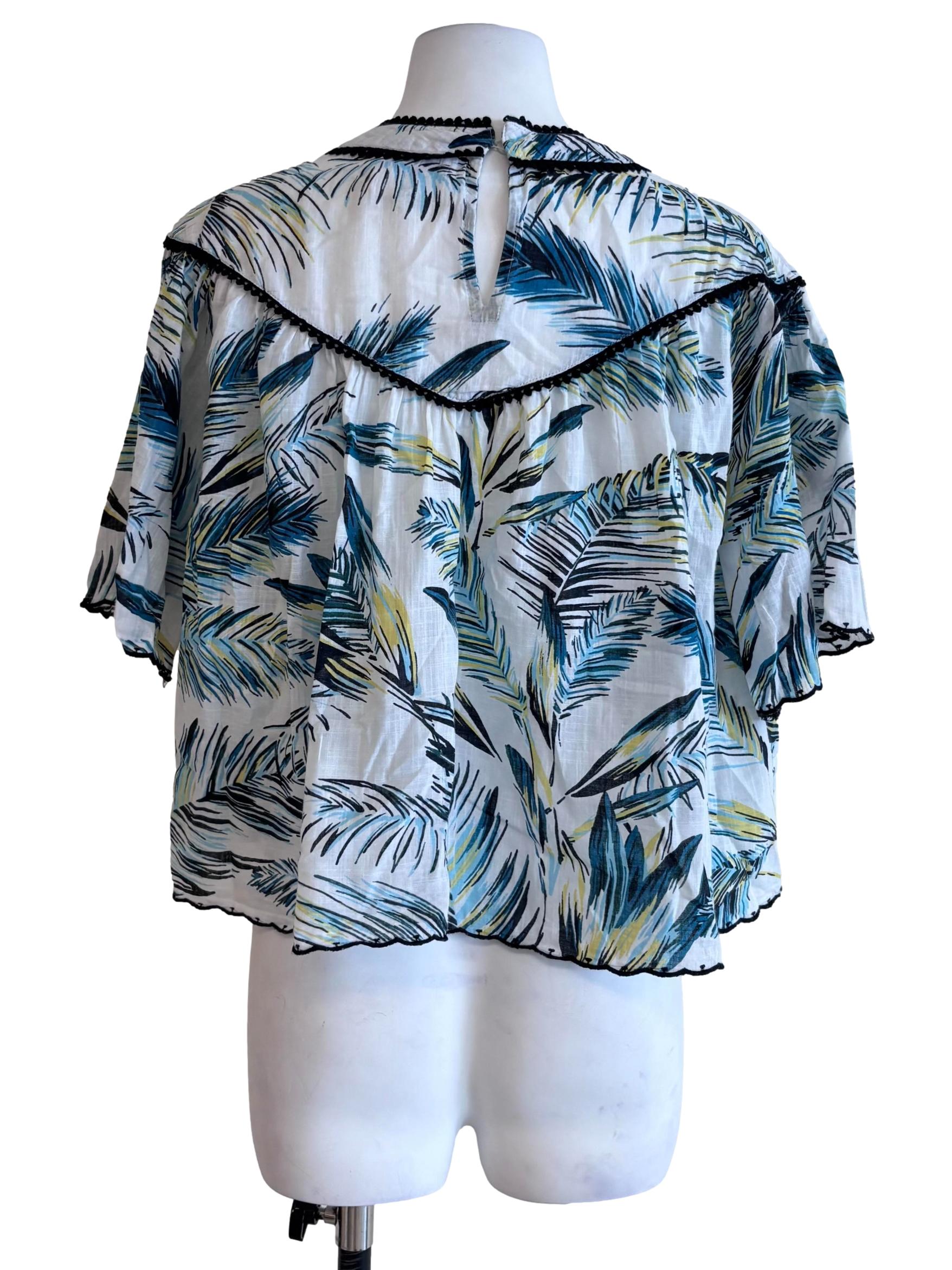 White Blue Prints Lace Hem Sheer Blouse