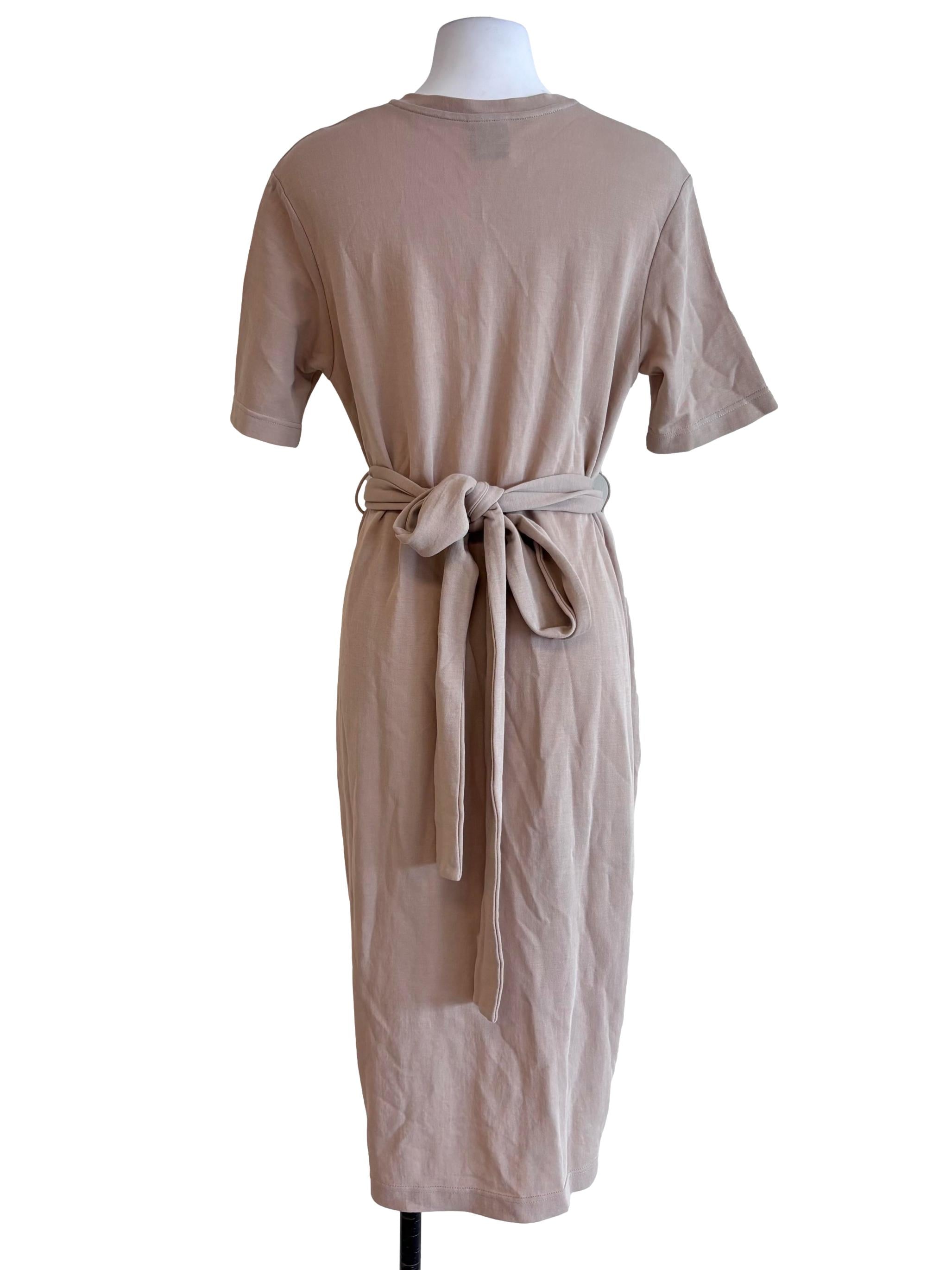Brown Beige Wrap Tie Back Tee Dress