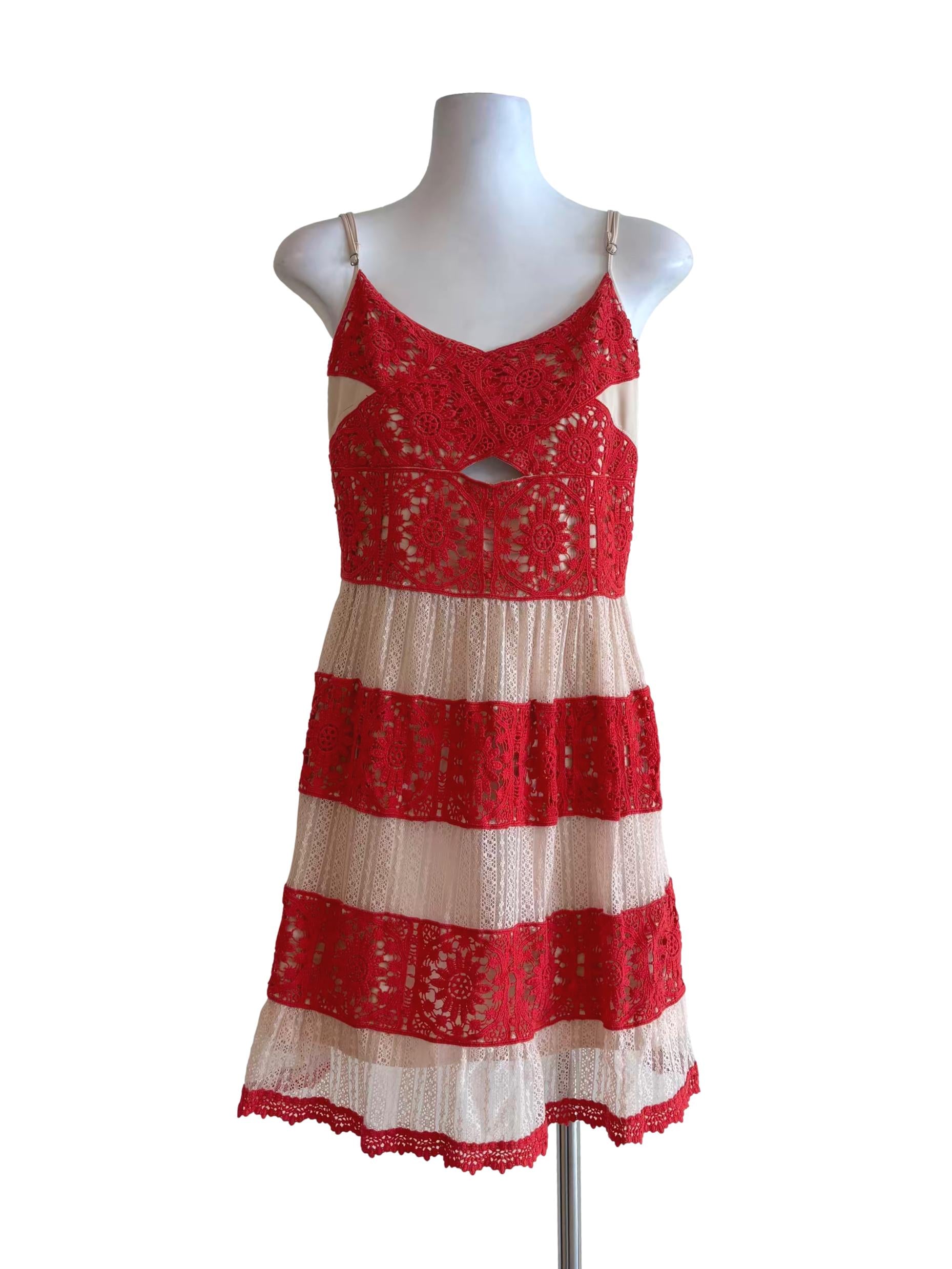 Imperial Red Beige Lace Tier Dress