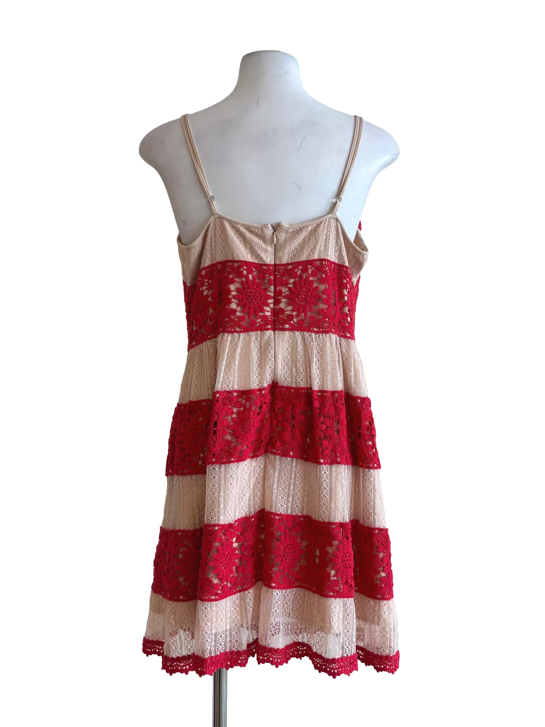 Imperial Red Beige Lace Tier Dress