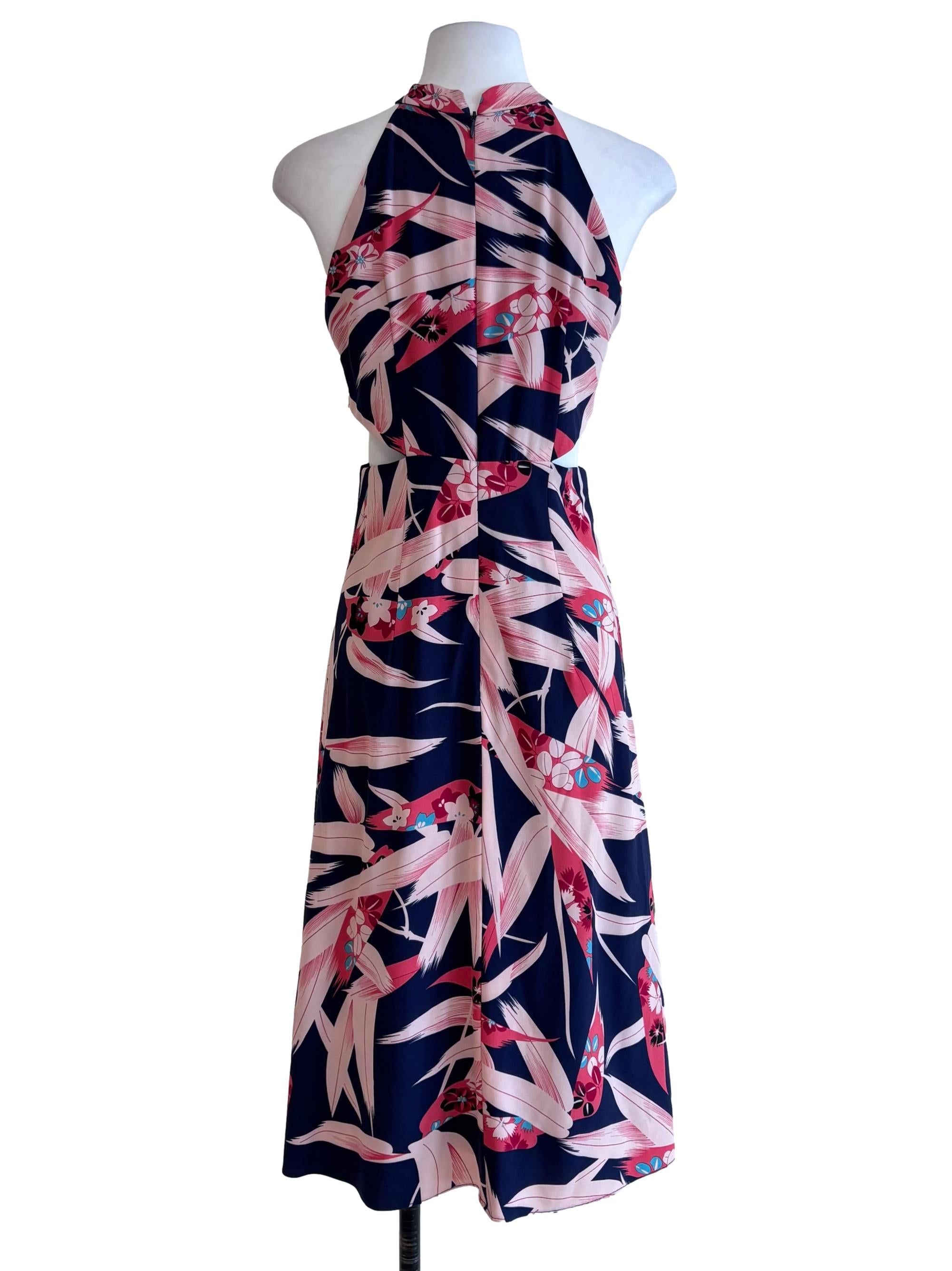 Navy Blue Floral Cutout Waist Dress