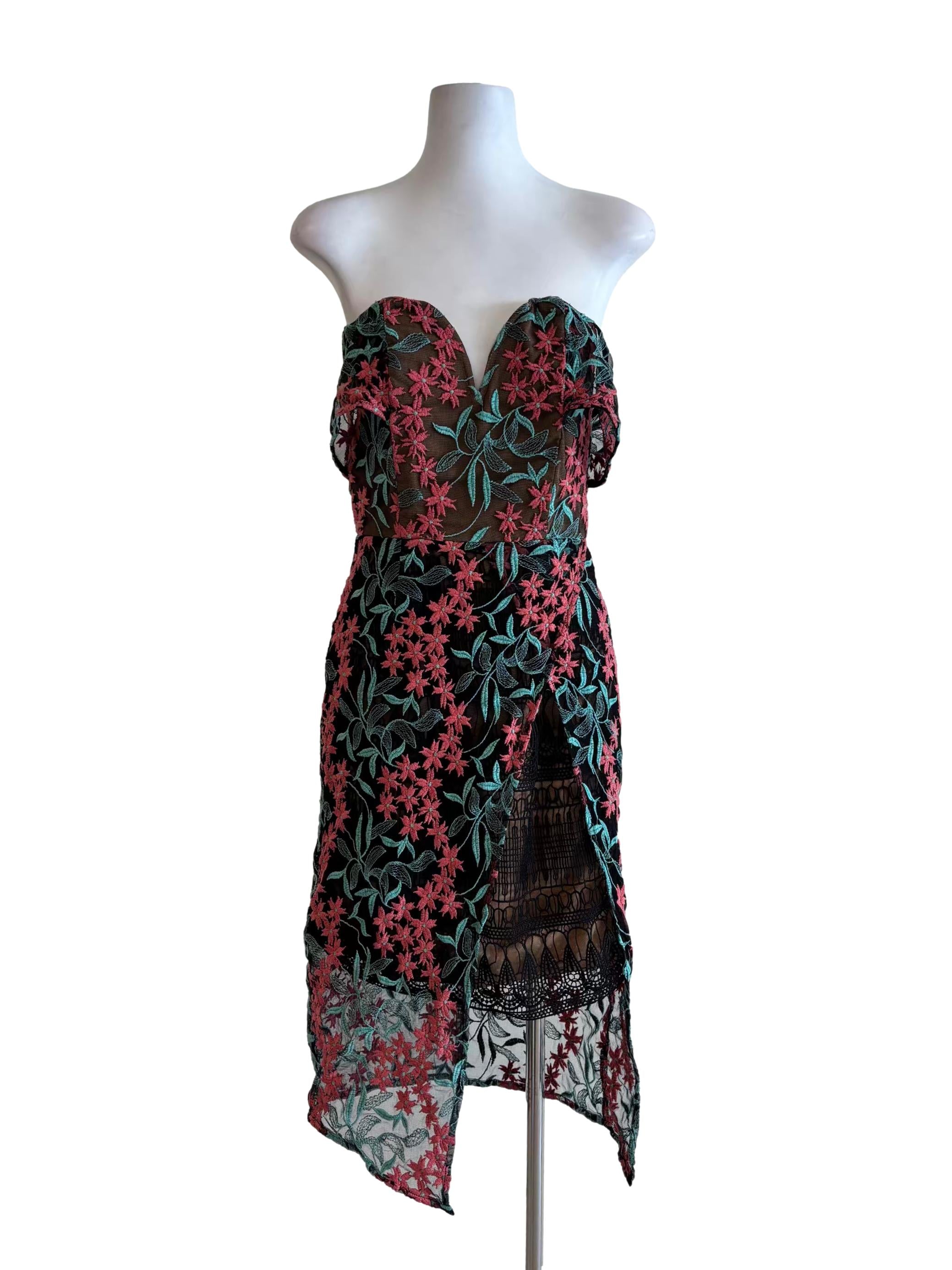 Elliatt Mint Green Coral Pink Floral Strapless Mesh Dress | REFASH