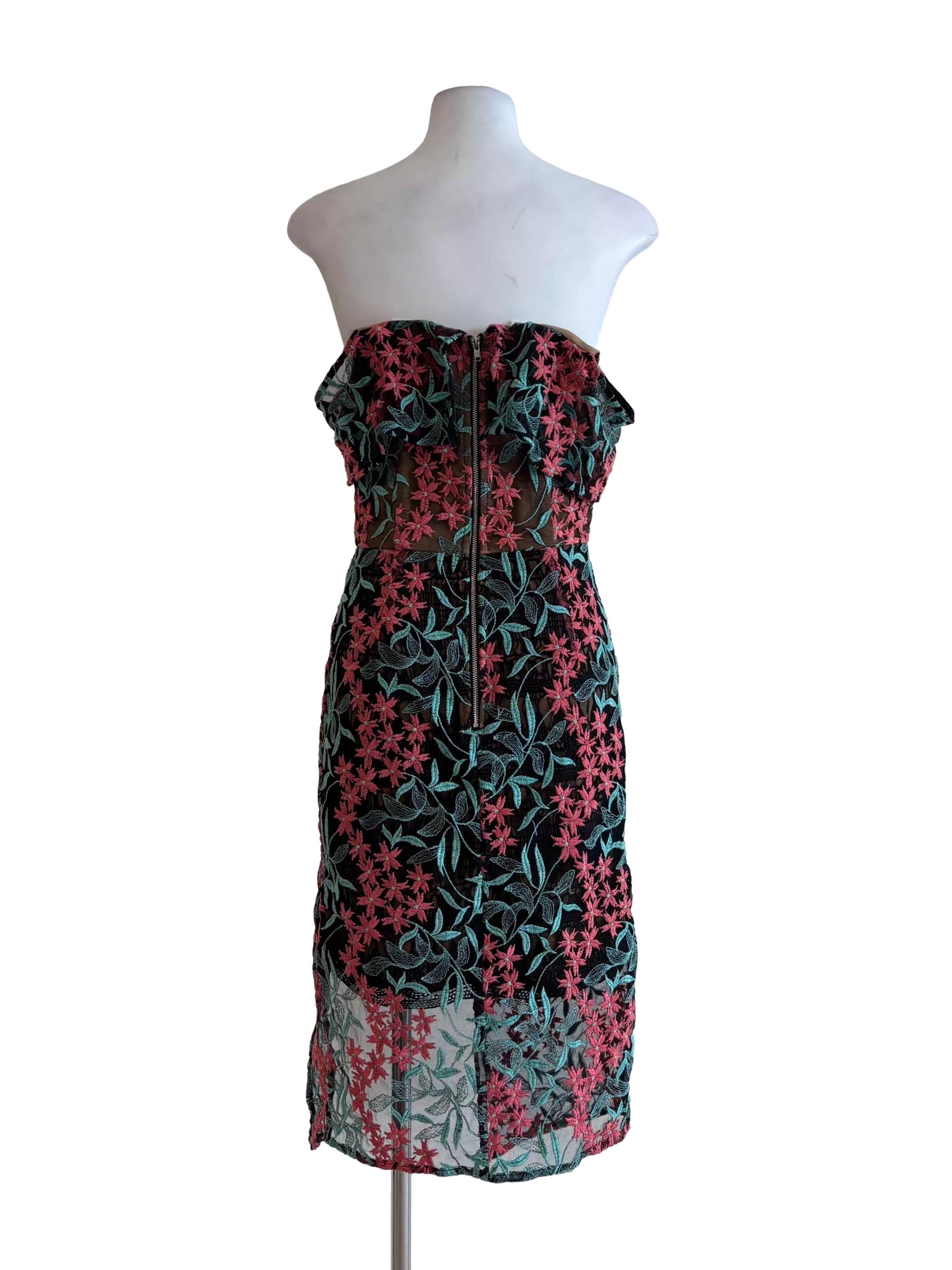 Mint Green Coral Pink Floral Strapless Mesh Dress