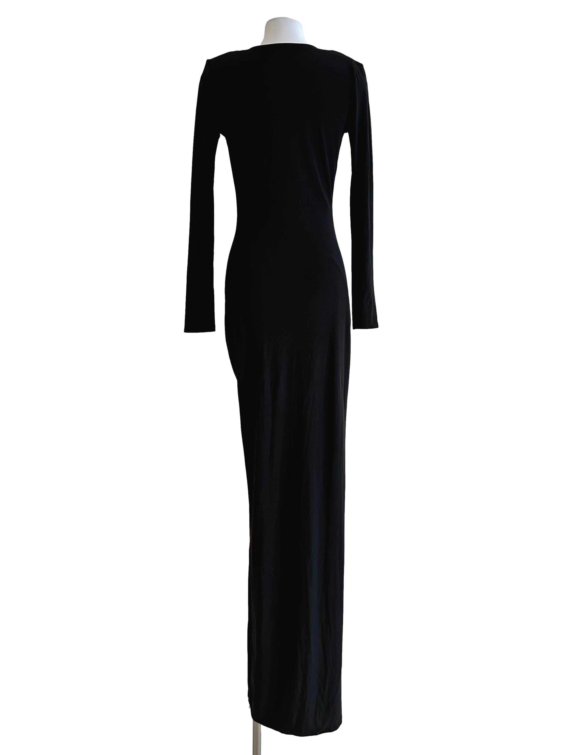 Soot Black V Neckline Long Sleeves Slit Maxi Dress