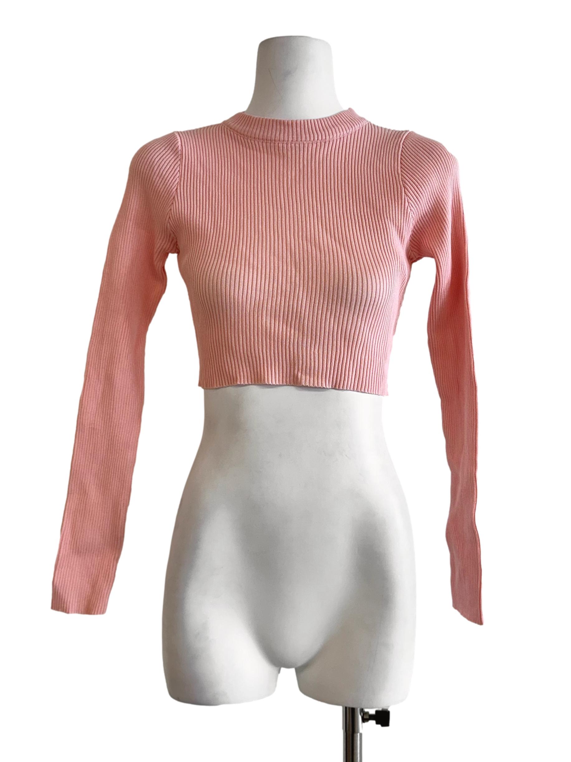Peach Pink Knit Long Sleeves Crop Top