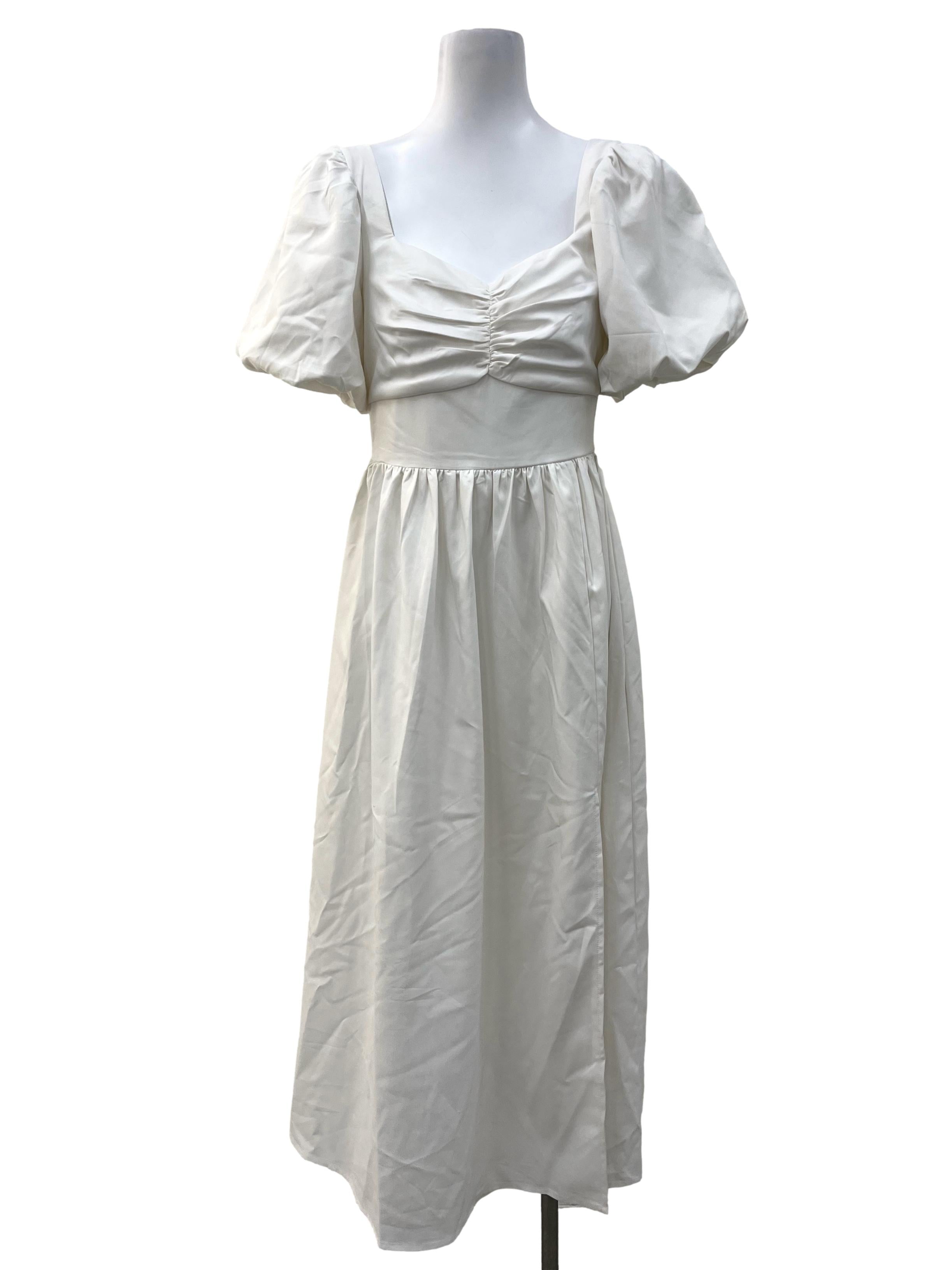 Off White Puff Sleeve Slit Dress