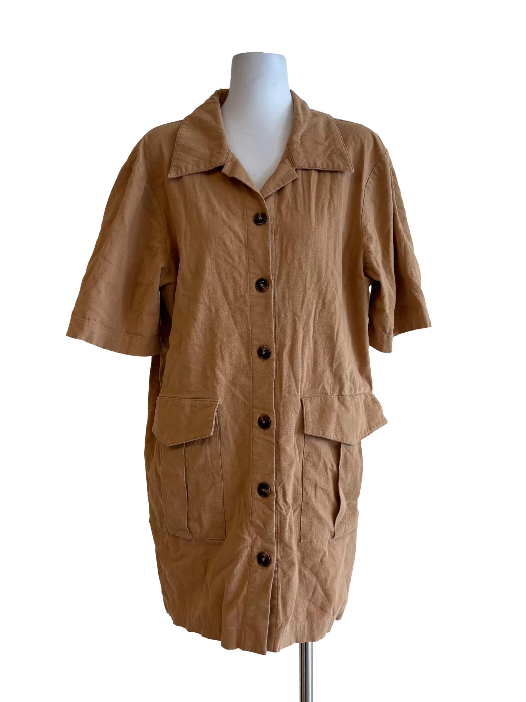 Caramel Brown Buttoned Linen Shirt Dress