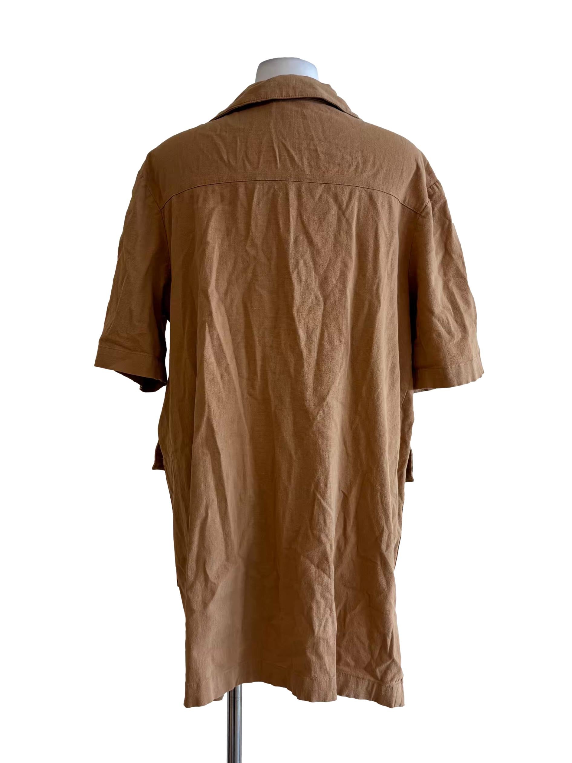 Caramel Brown Buttoned Linen Shirt Dress
