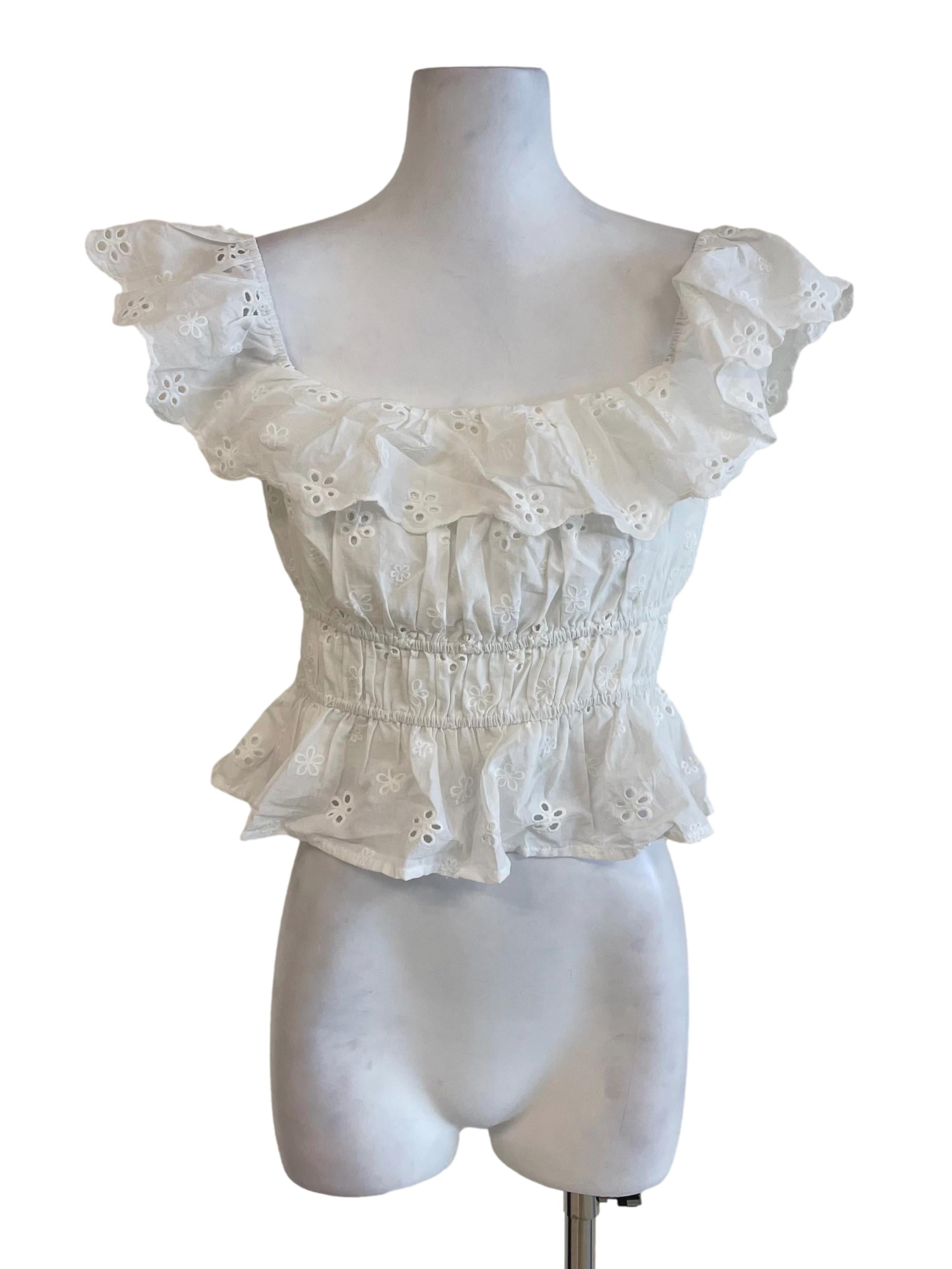 White Eyelet Shirred Peplum Top