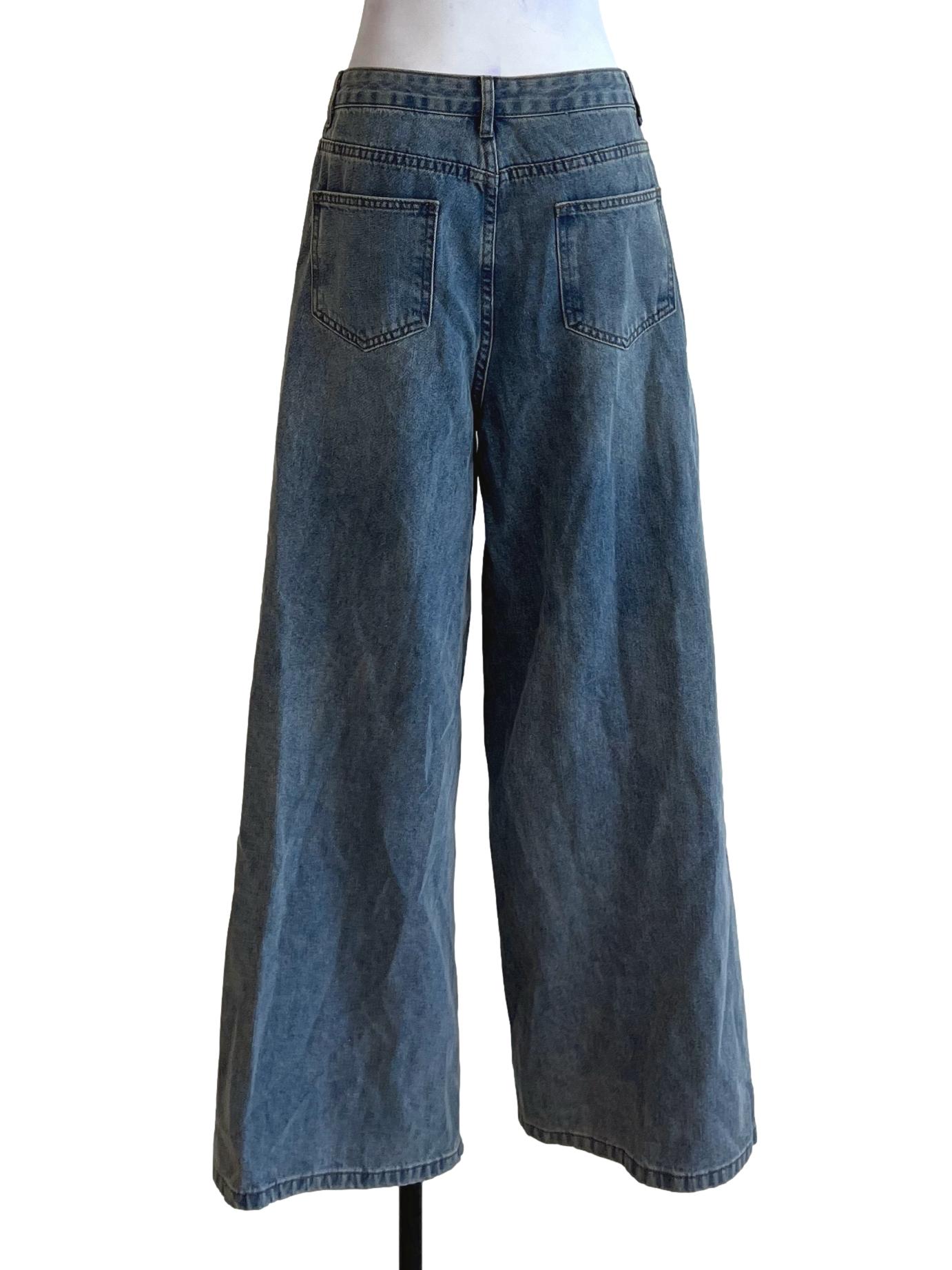 Blue Denim Plain Wide Leg Jeans YHF