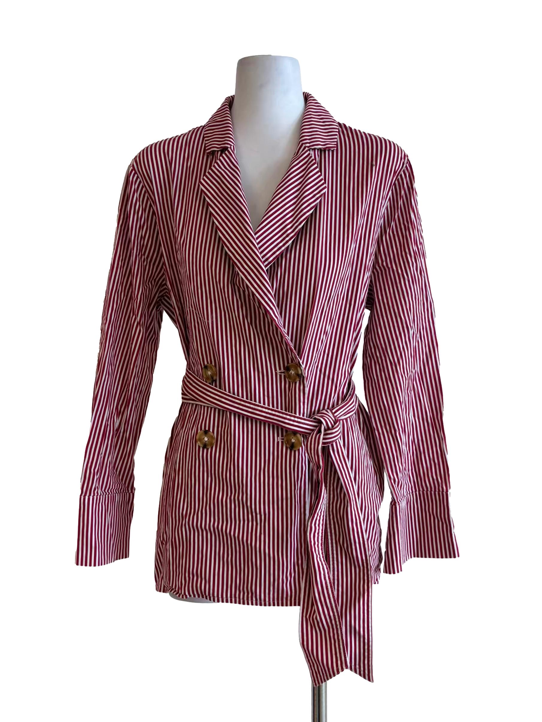 Apple Red Striped Double Breasted Cotton Top