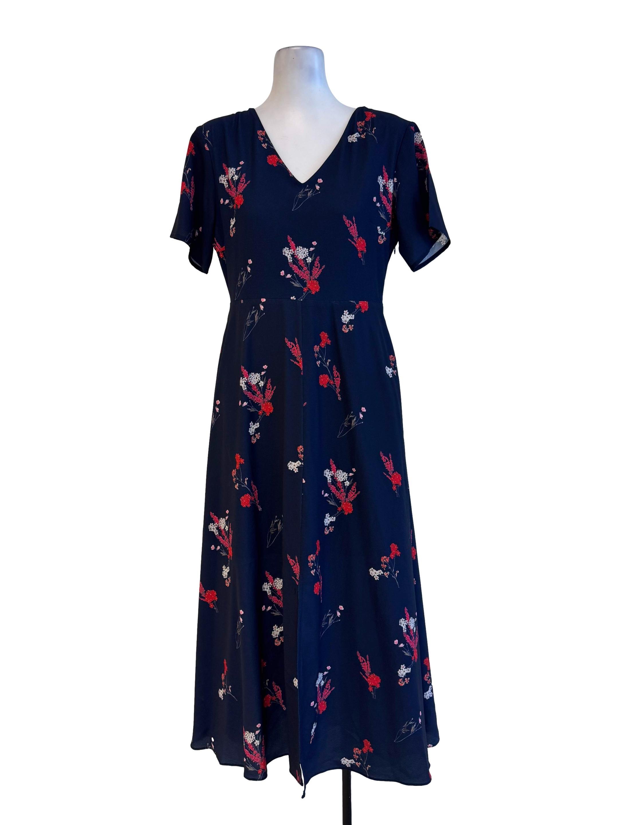 Navy Blue With Red Prints Front Slit Dress