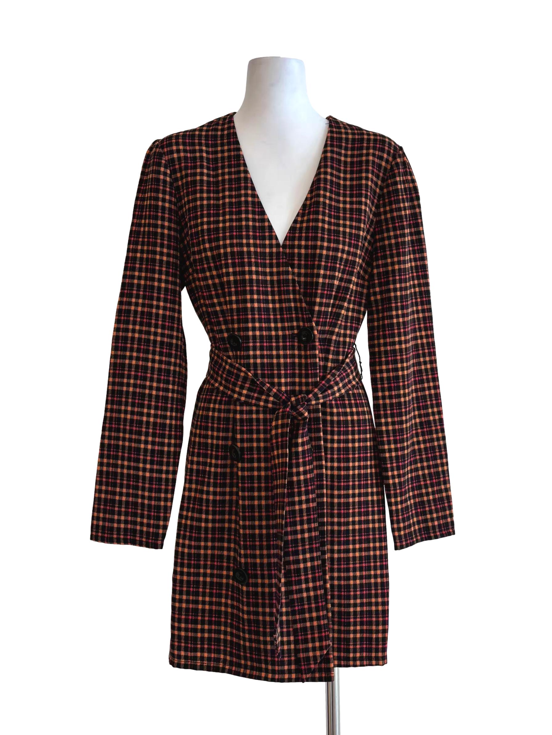 Tangelo Orange Plaid Long Sleeve Dress