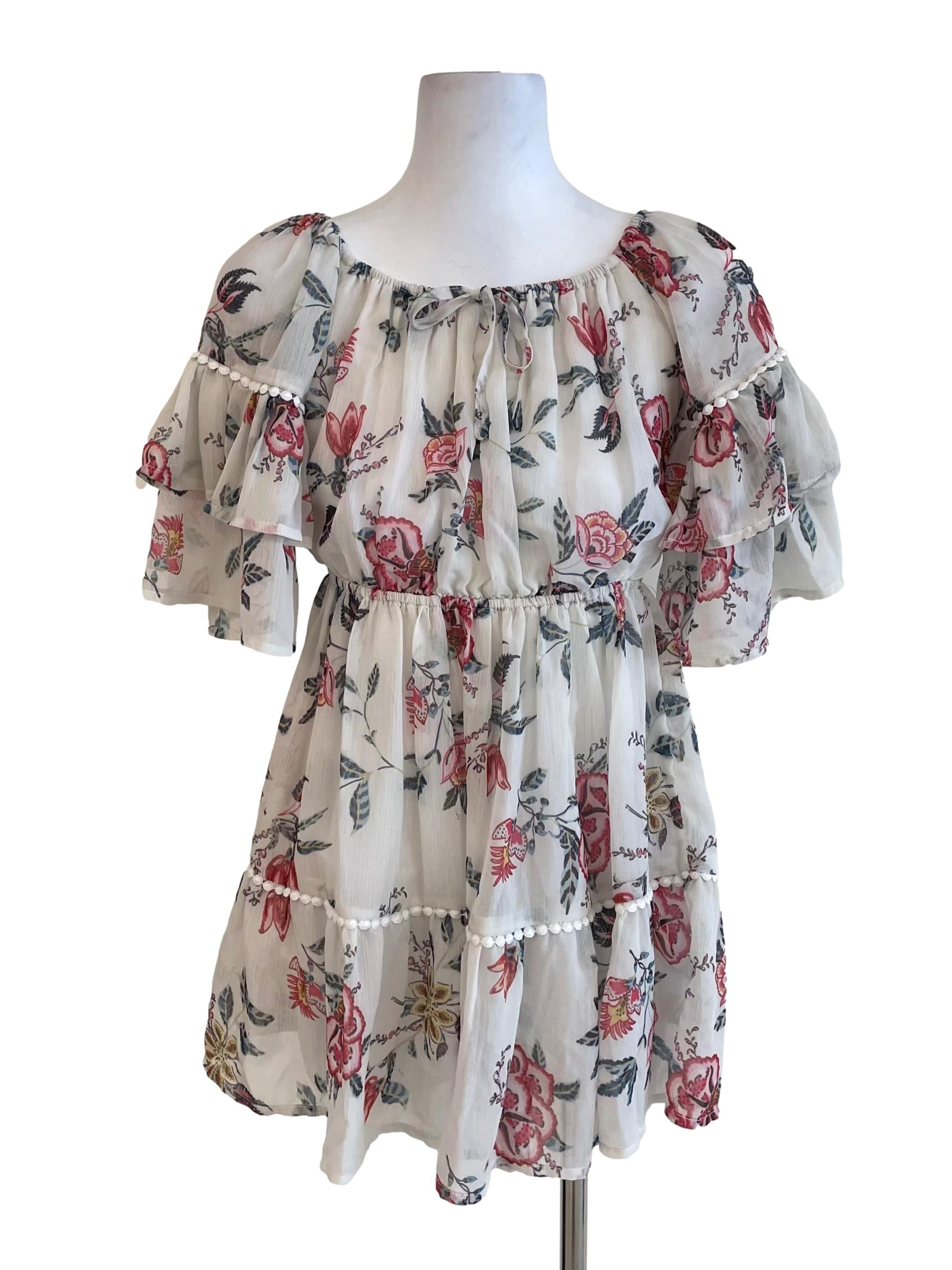 Tan Floral Layer Sleeves Chiffon Dress