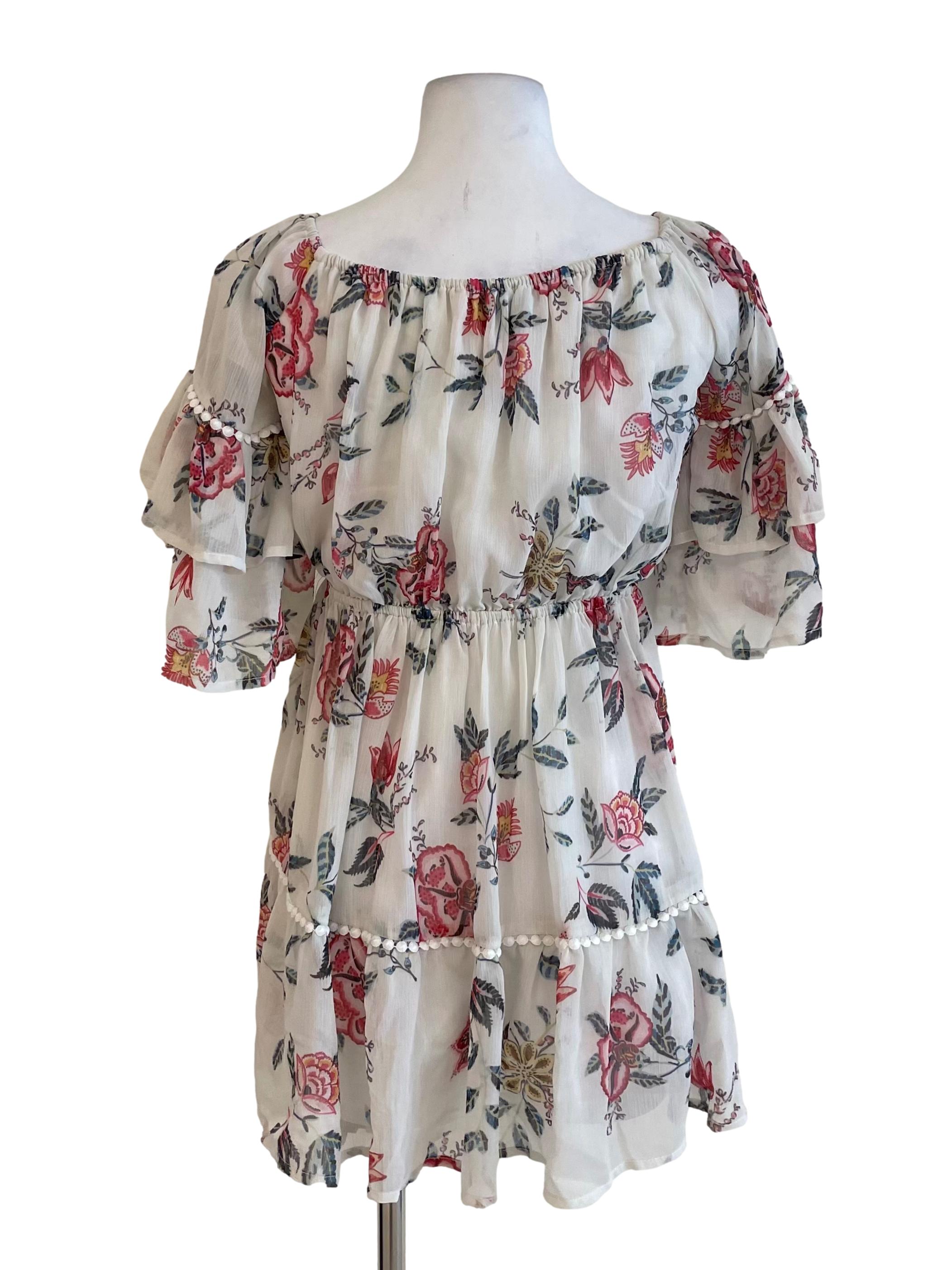 Tan Floral Layer Sleeves Chiffon Dress
