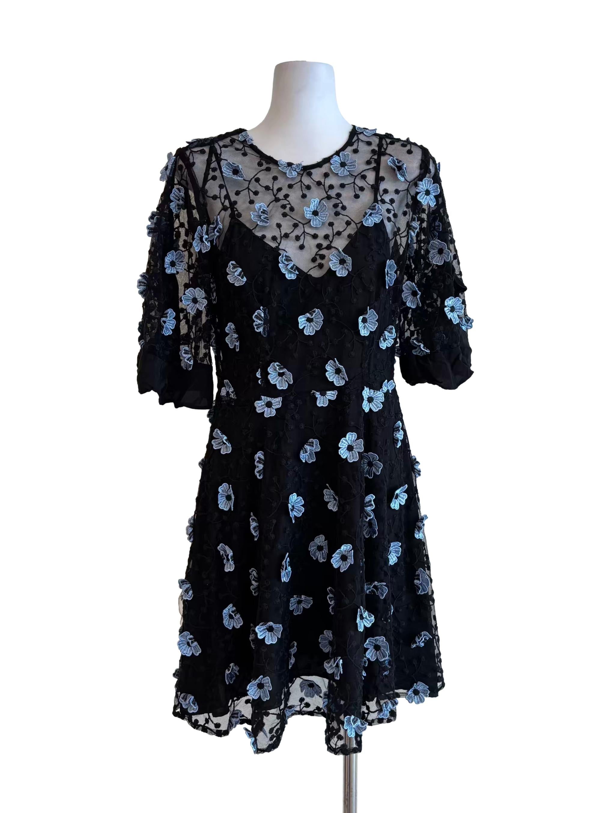 Black Textured 3D Blue Flower Dress