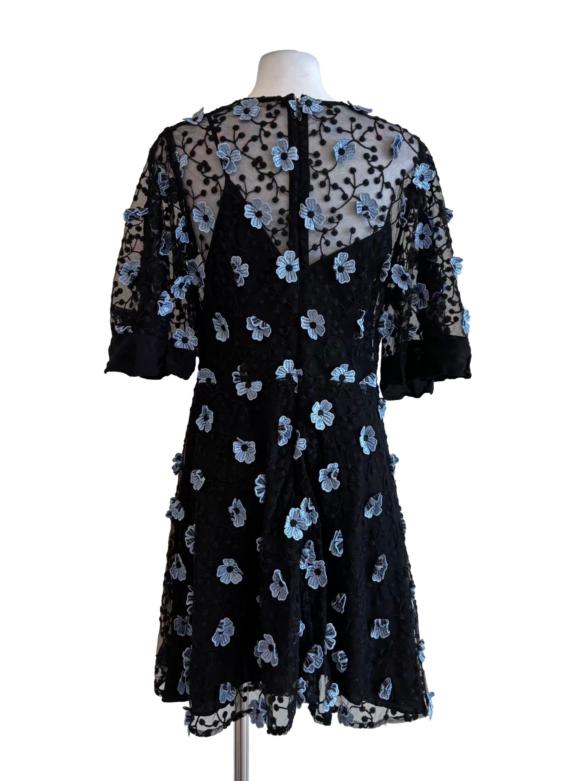 Black Textured 3D Blue Flower Dress
