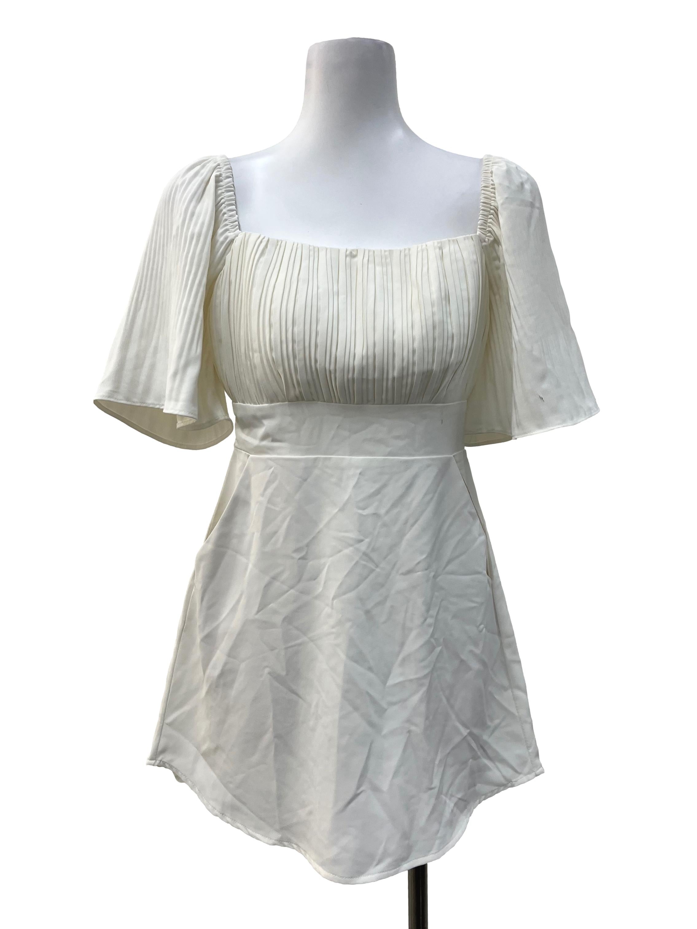 Off White Puff Sleeve Pleated Romper