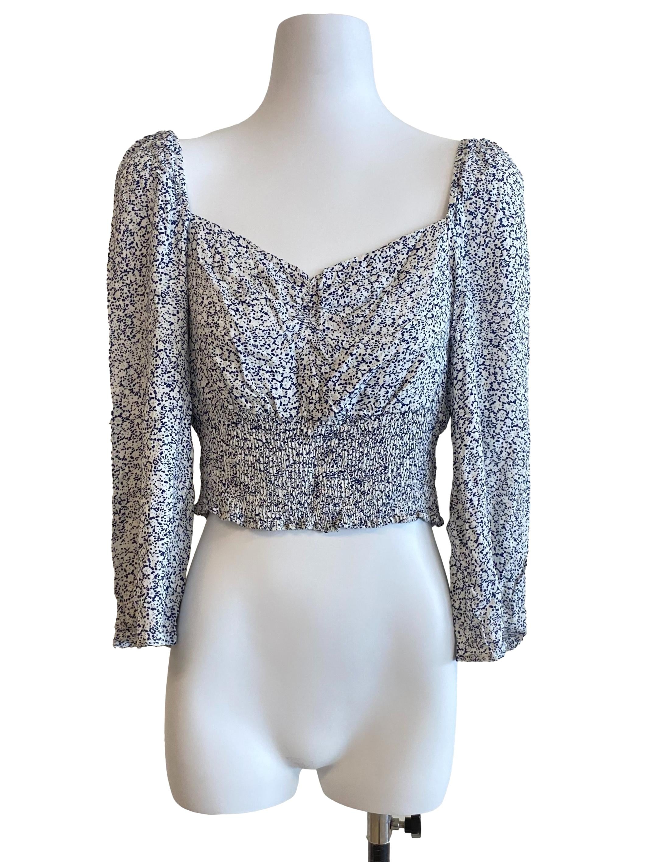 Blue White Flower Square Neck Top