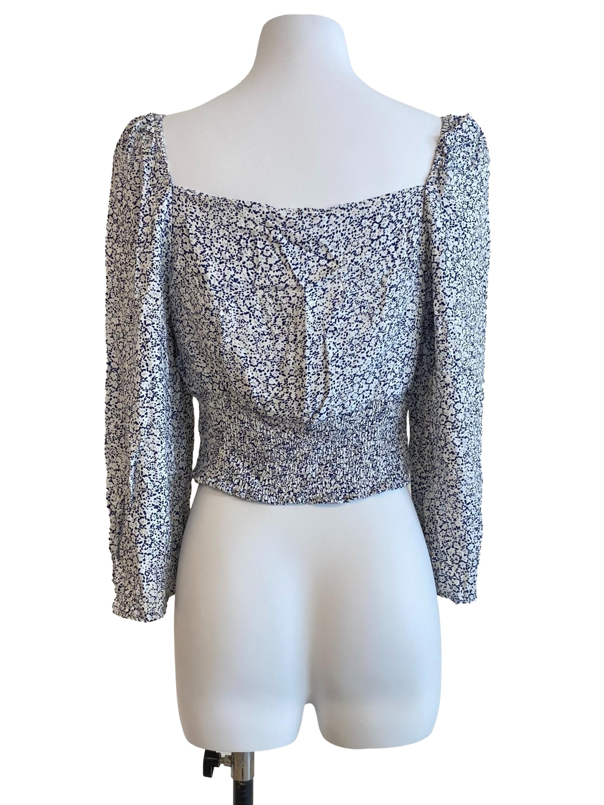 Blue White Flower Square Neck Top