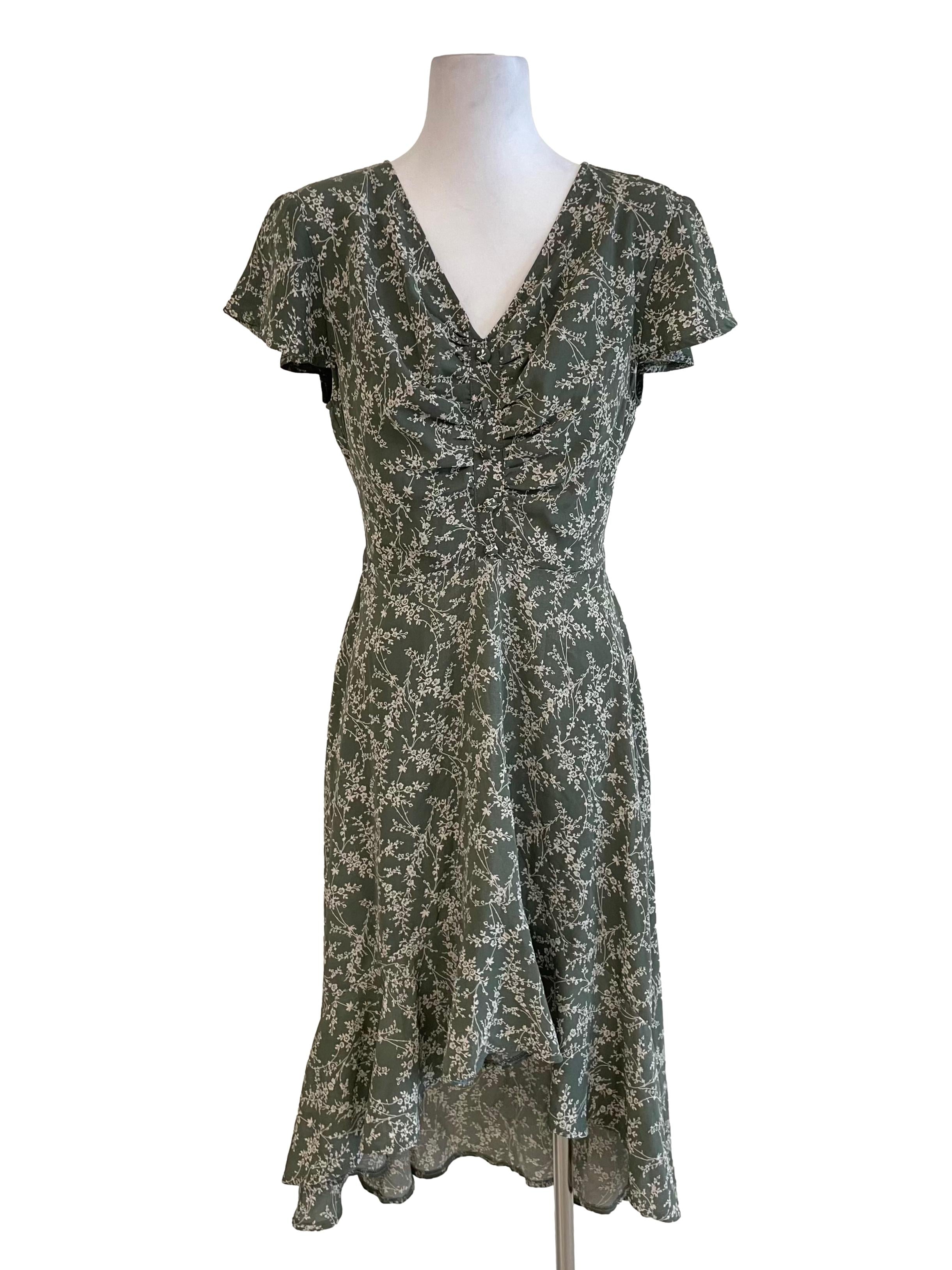Dull Green Floral V Neck Dress