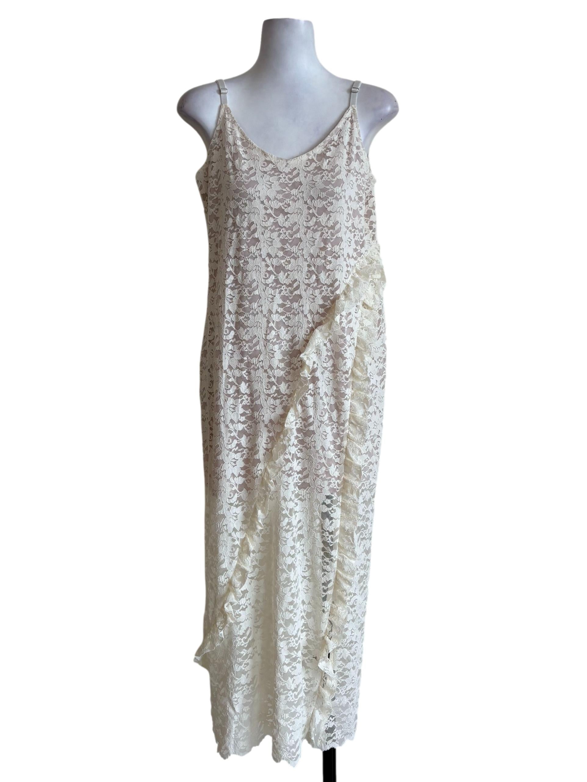 White Floral Lace Ruffle Slip Dress