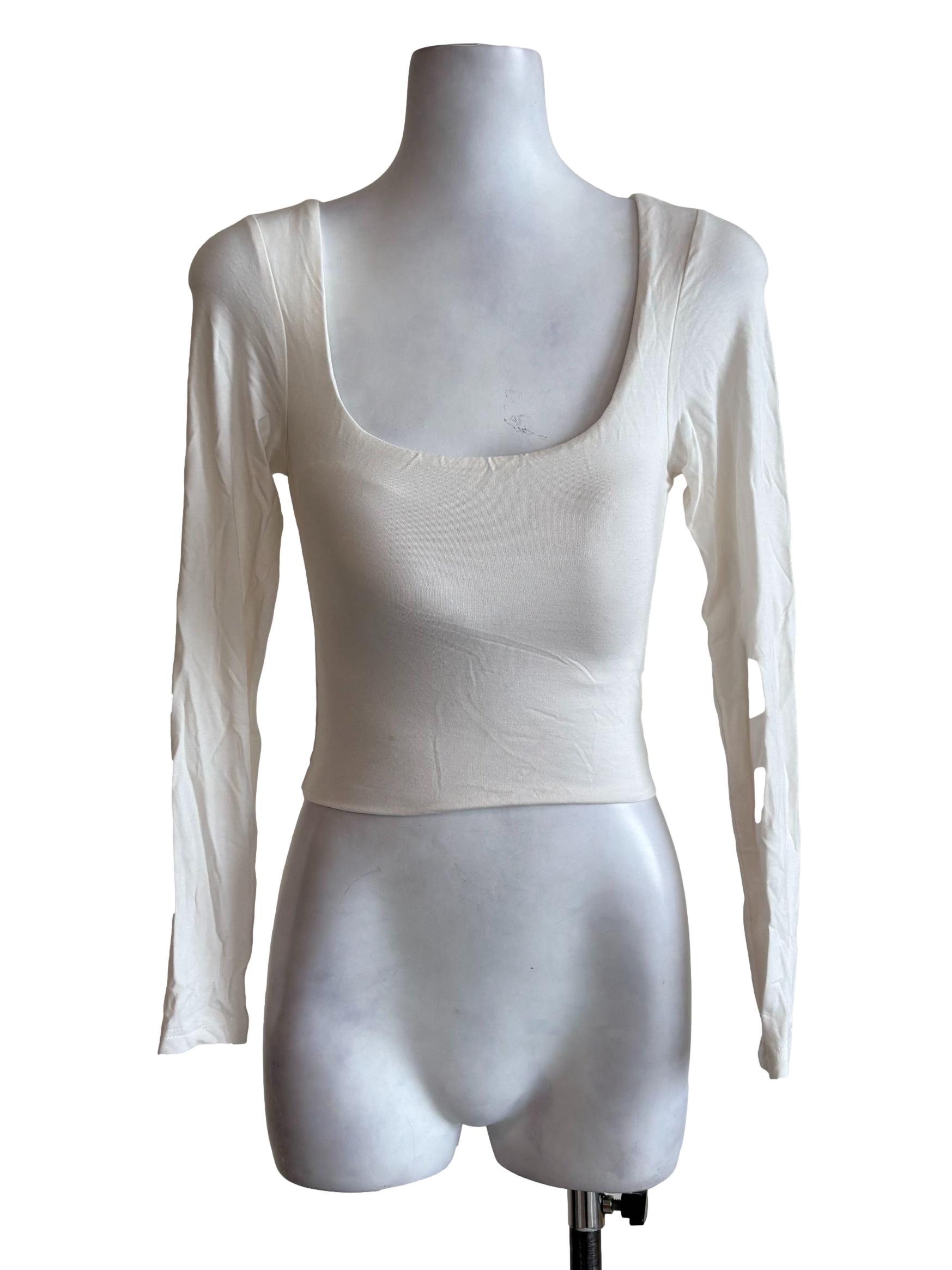 White Square Neck Long Sleeves Fitted Top