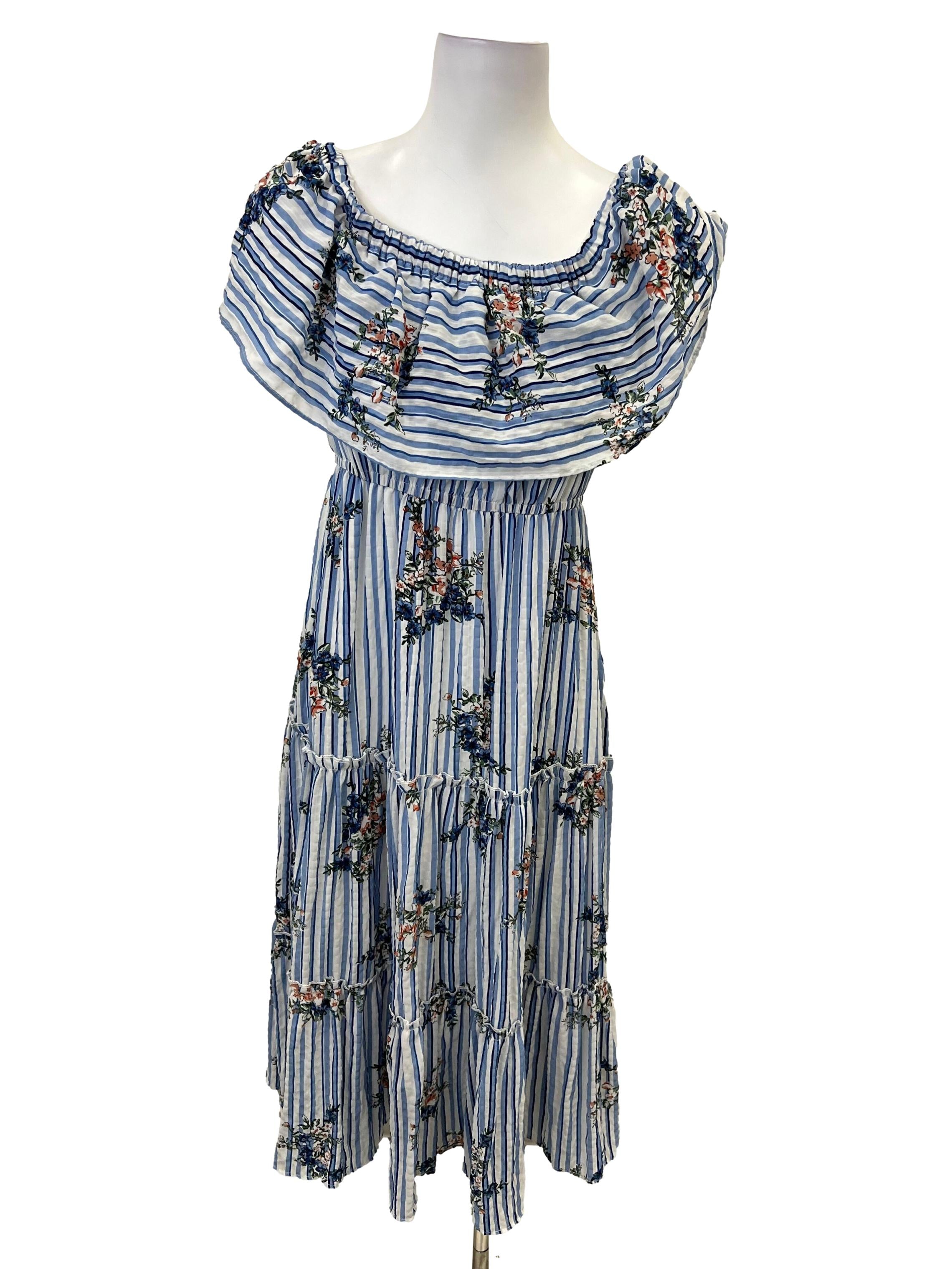 Blue Striped Printed Wide Neck Maxi Tiered Dress