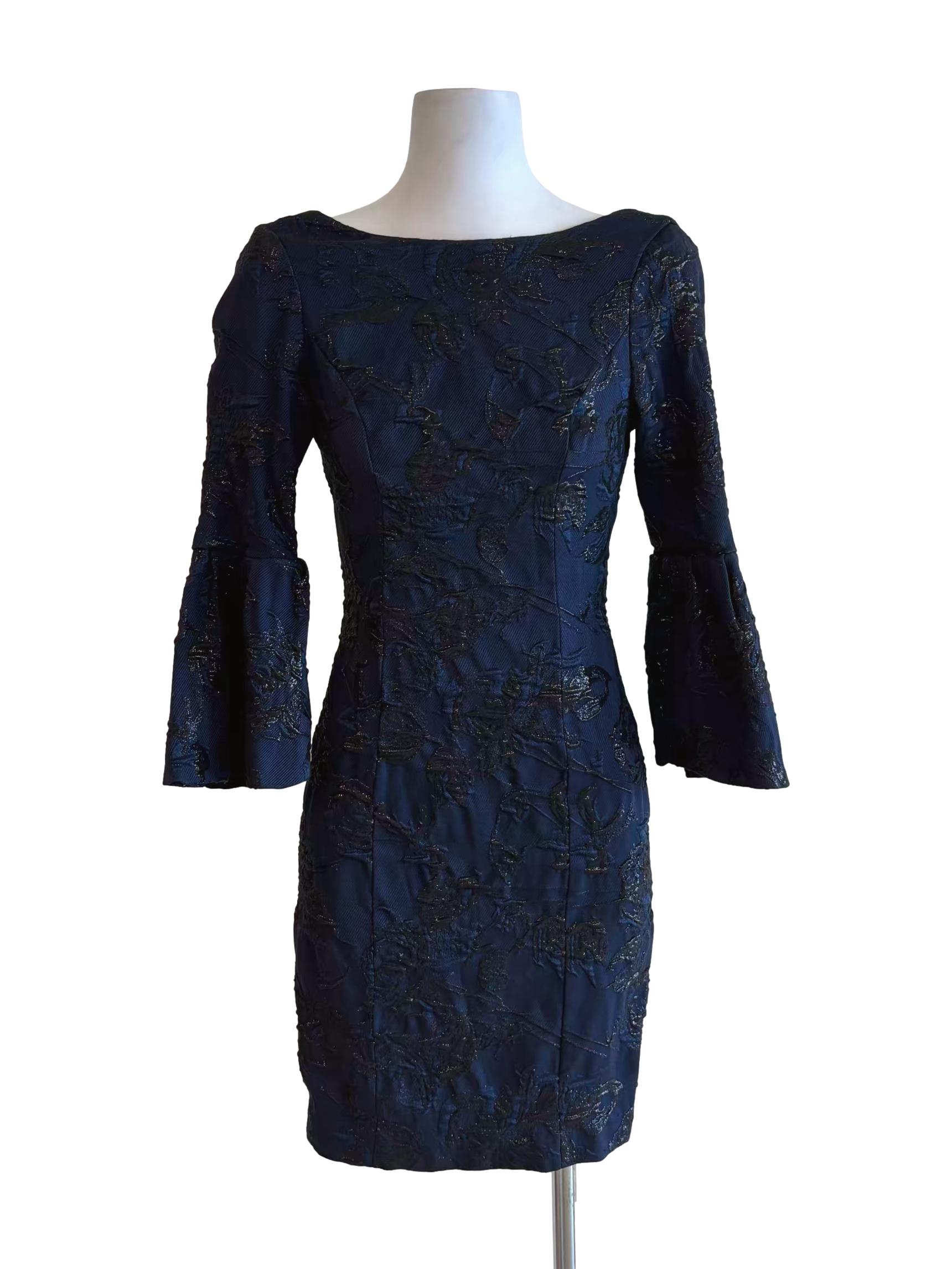 Midnight Blue Textured Lace Fitted Dress