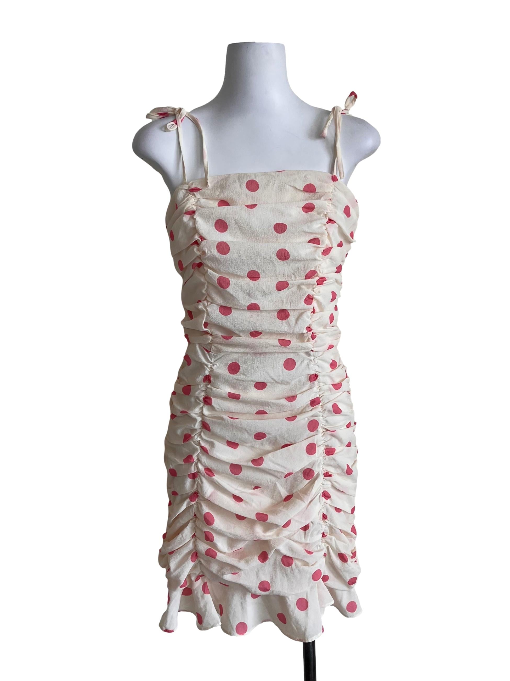 Cream With Pink Polkadots Ruched Dress