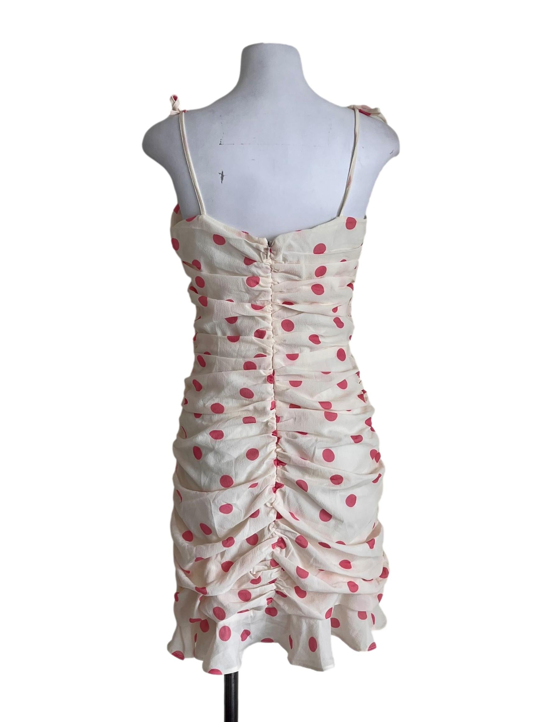 Cream With Pink Polkadots Ruched Dress