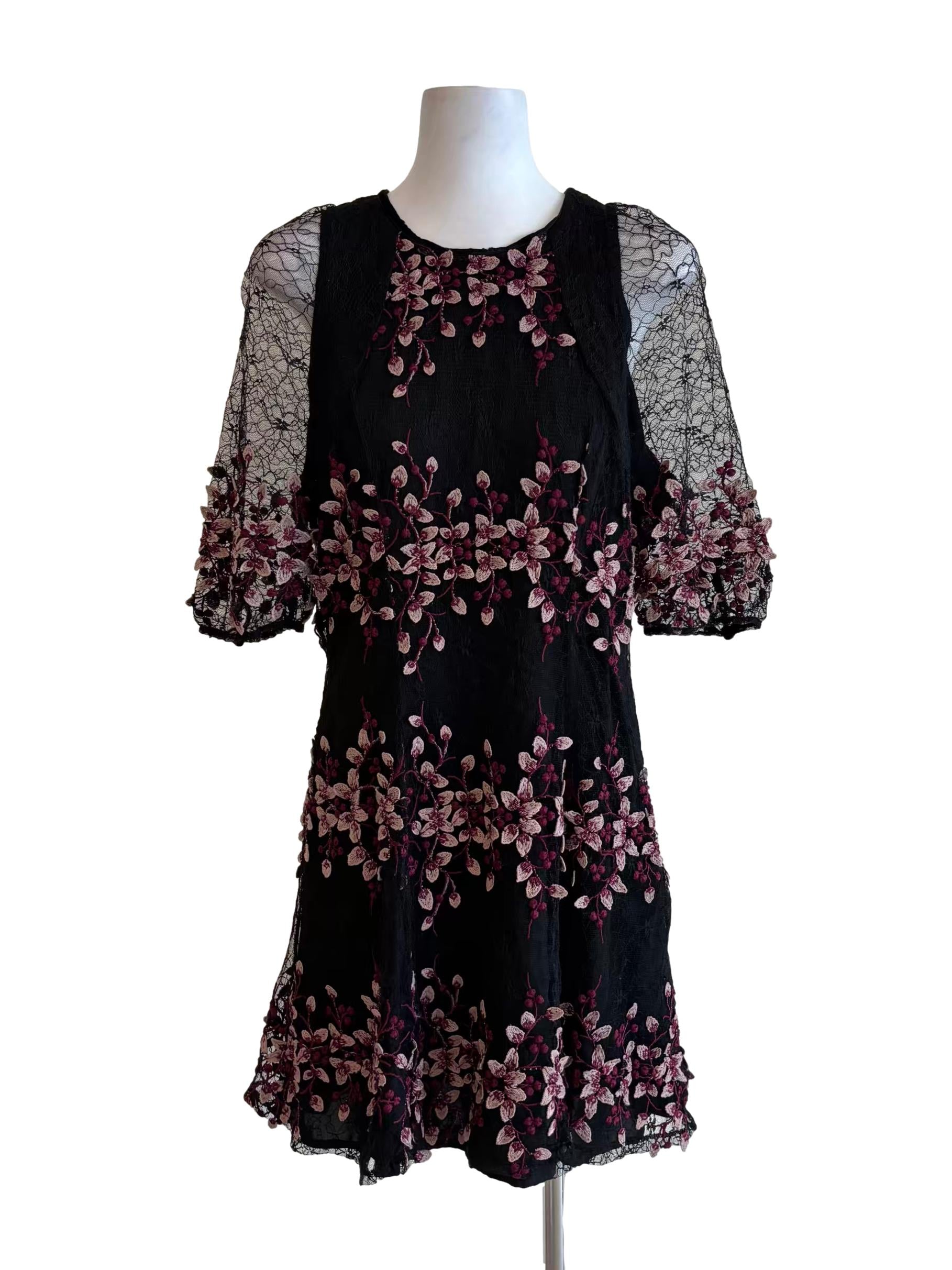 Foxiedox Soft Black Pink Flower Embroidered Dress