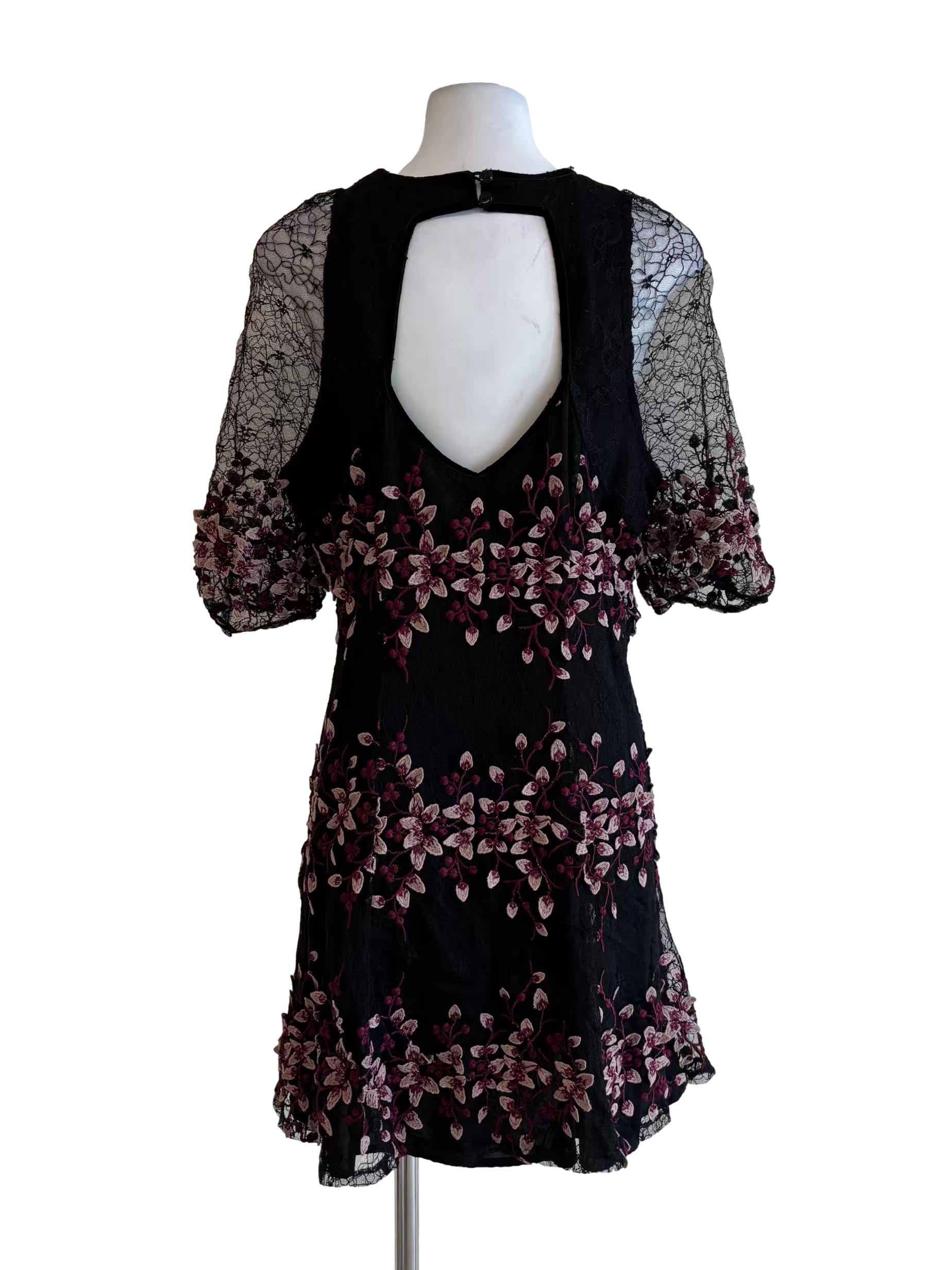 Soft Black Pink Flower Embroidered Dress