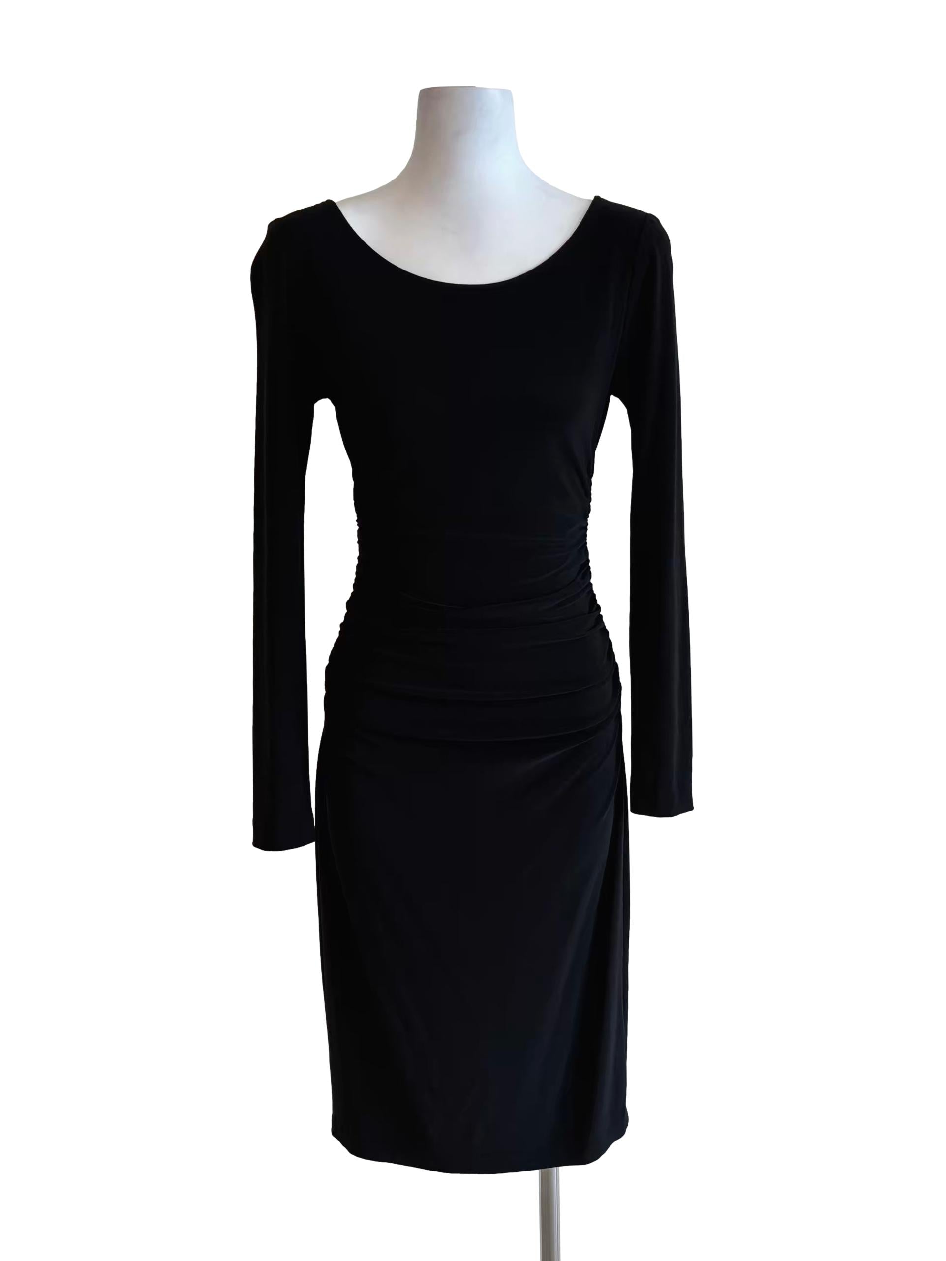 Rich Black Long Sleeve Ruched Slip Dress