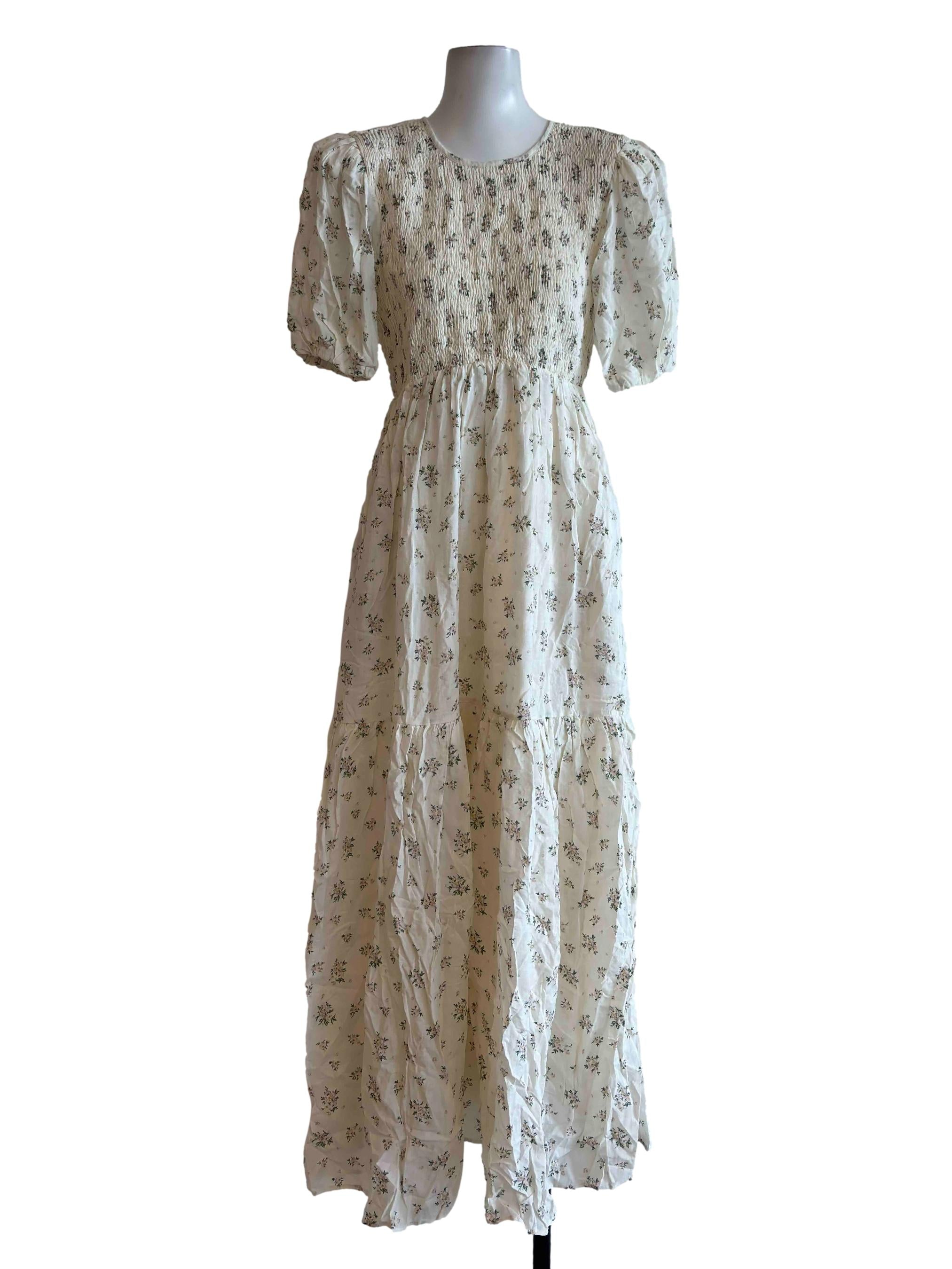 White Floral Print Low Back Maxi Dress