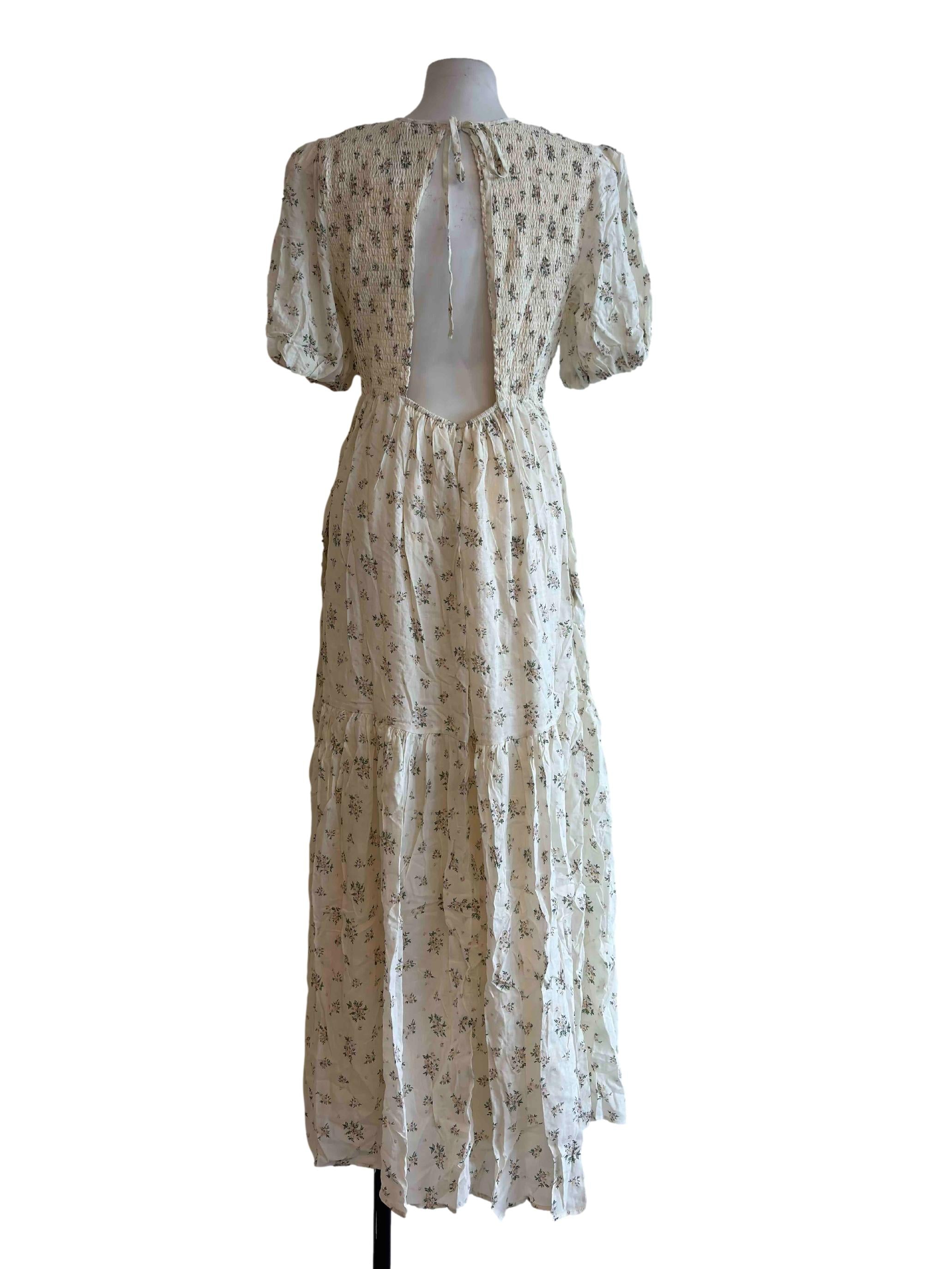 White Floral Print Low Back Maxi Dress