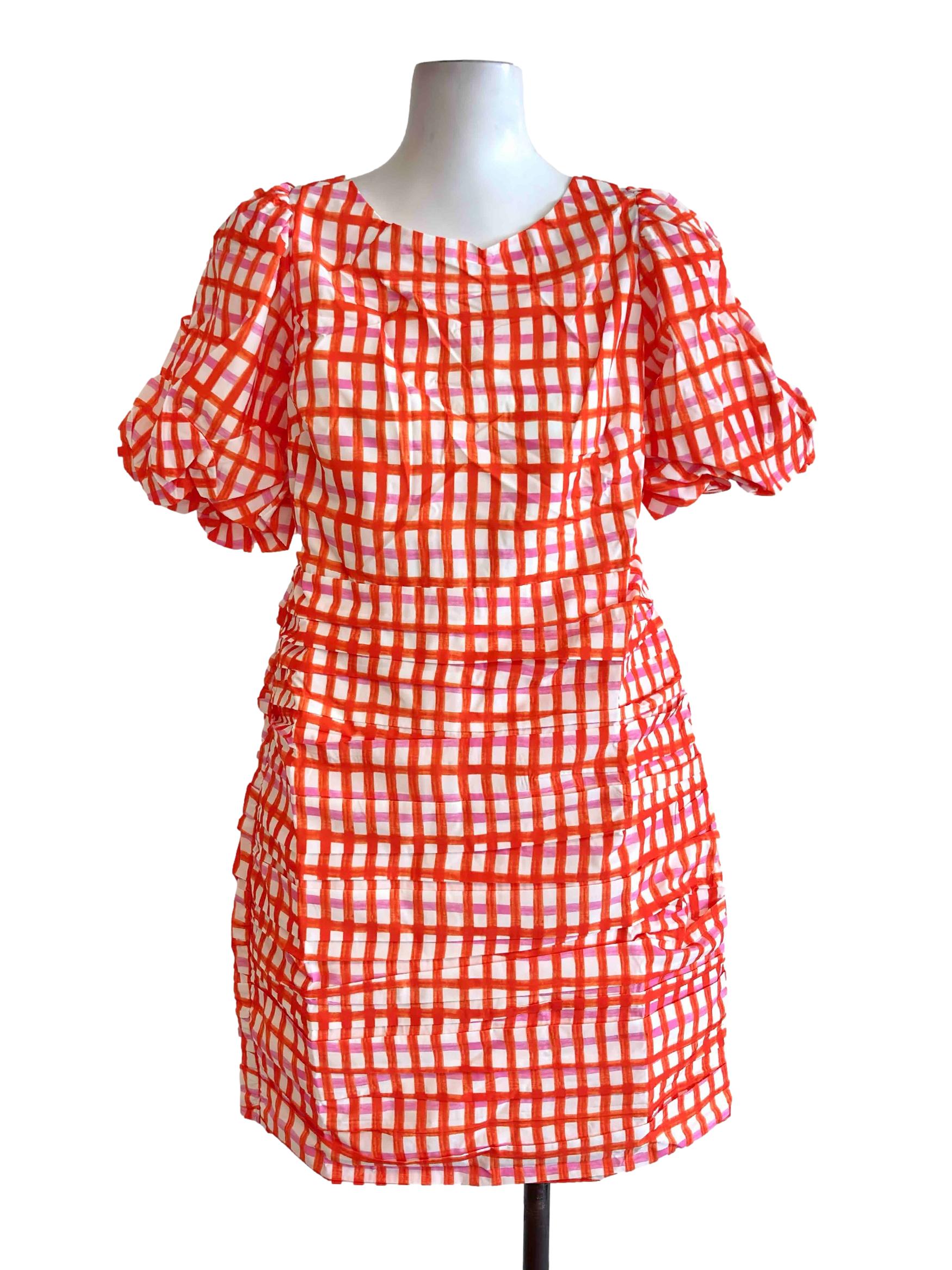 Orange Checks Pattern Strappy Back Mini Dress