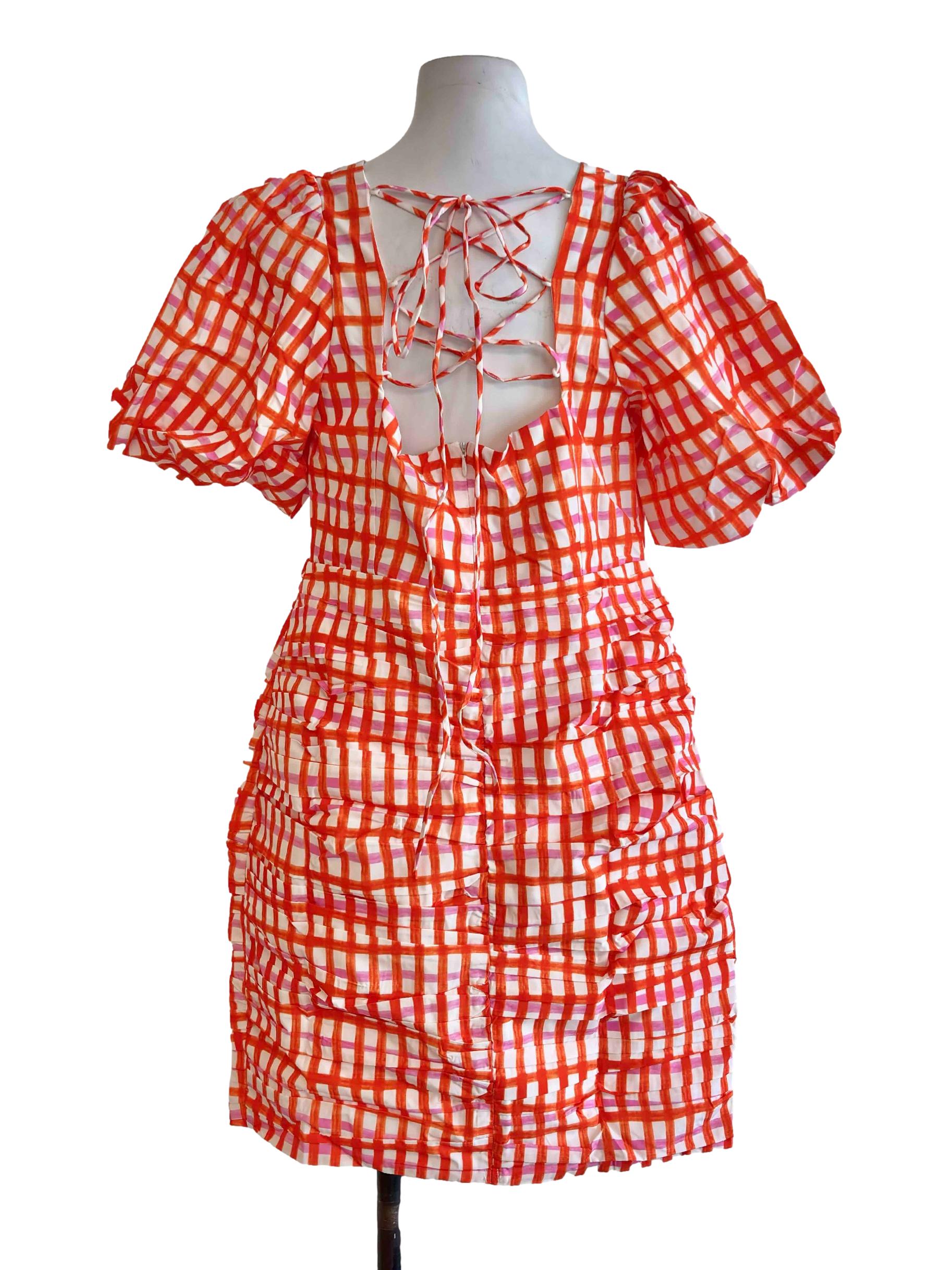 Orange Checks Pattern Strappy Back Mini Dress