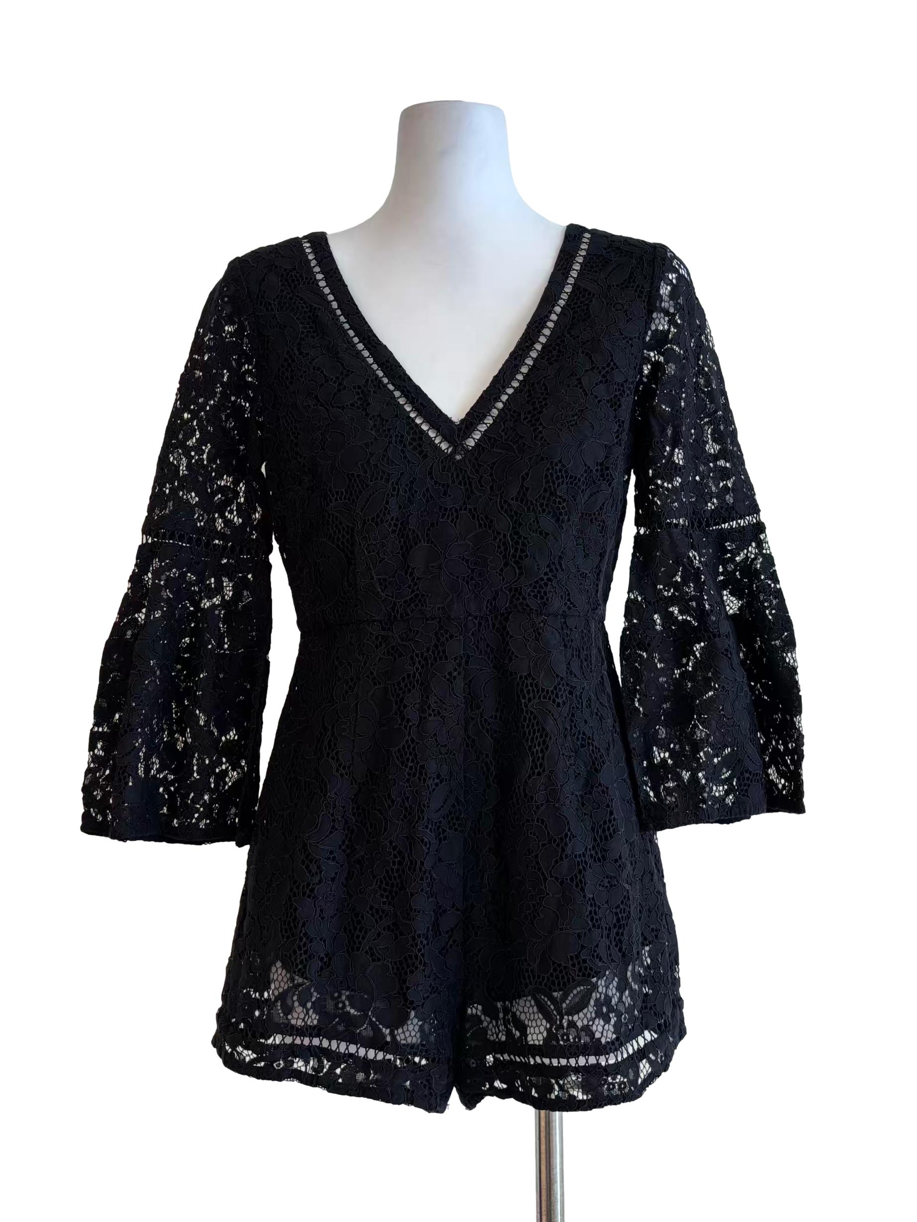 Jet Black Floral Lace Long Sleeve Romper