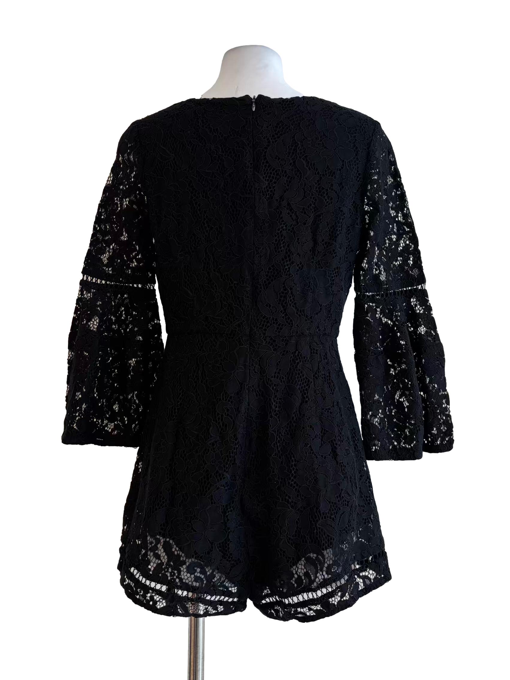 Jet Black Floral Lace Long Sleeve Romper