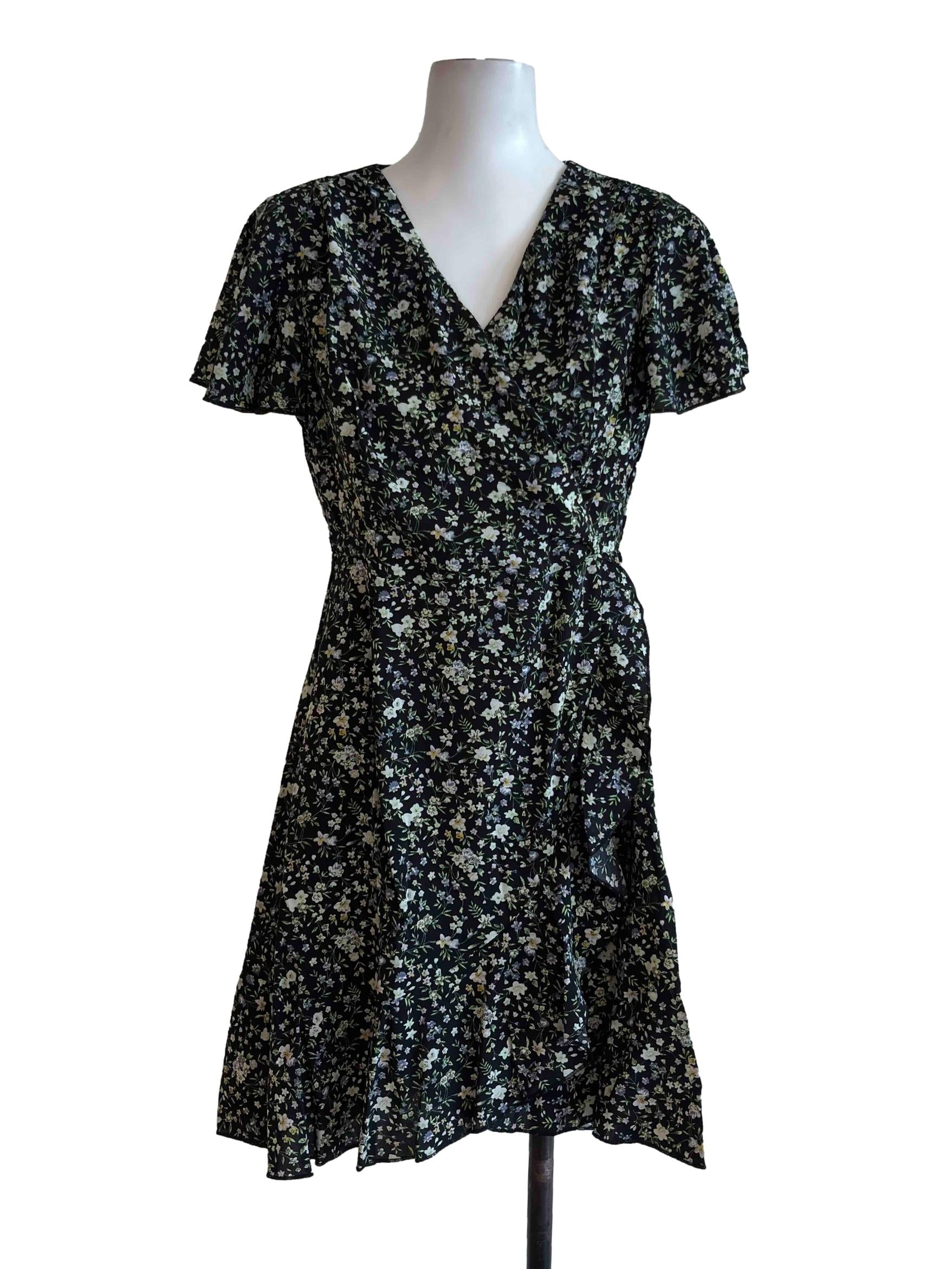 Black Floral V Neck Mini Empire Dress