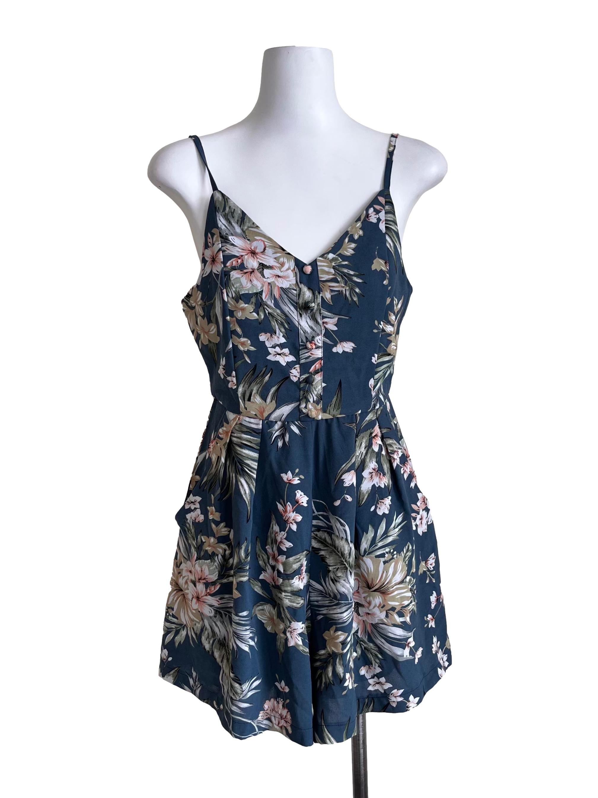 Aegean Blue Floral Print Short Romper