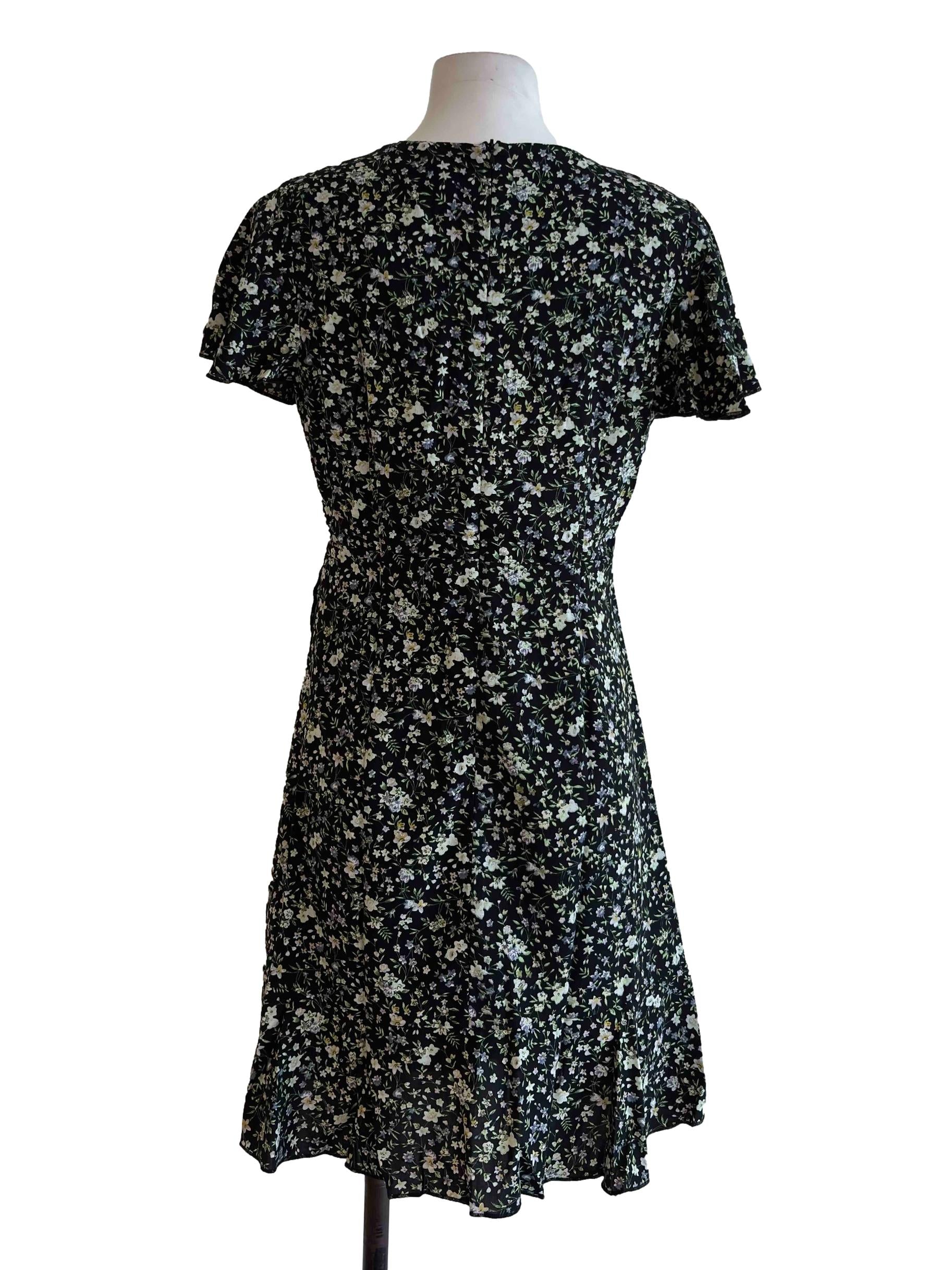 Black Floral V Neck Mini Empire Dress