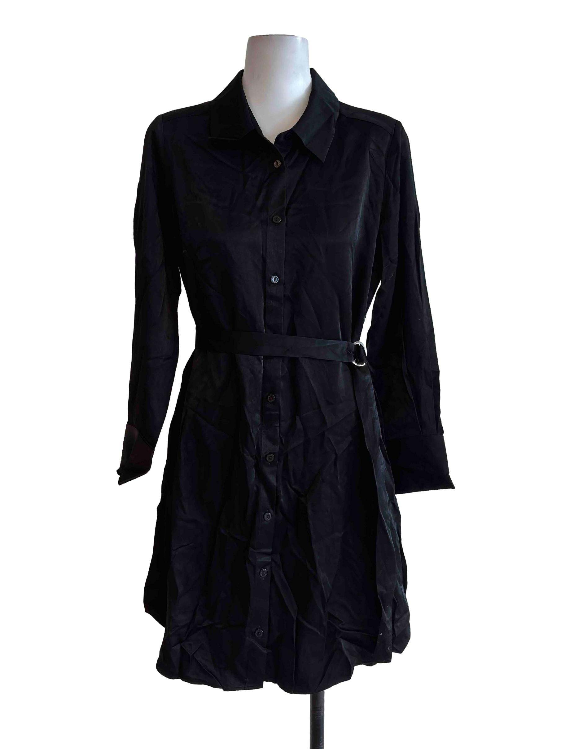 Black Satin Button Front Mini Dress