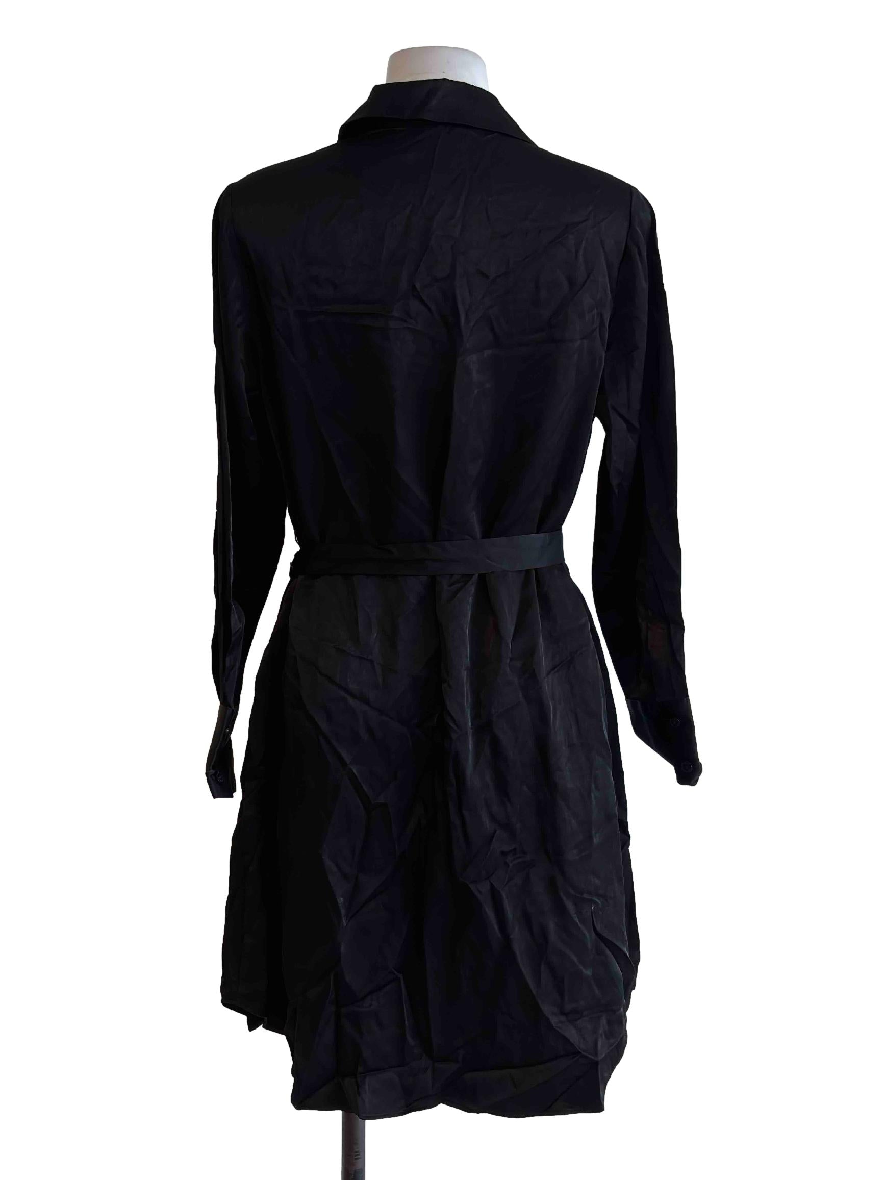 Black Satin Button Front Mini Dress